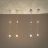 14K Solid Gold Pearl Chain Drop Earrings – Anygolds