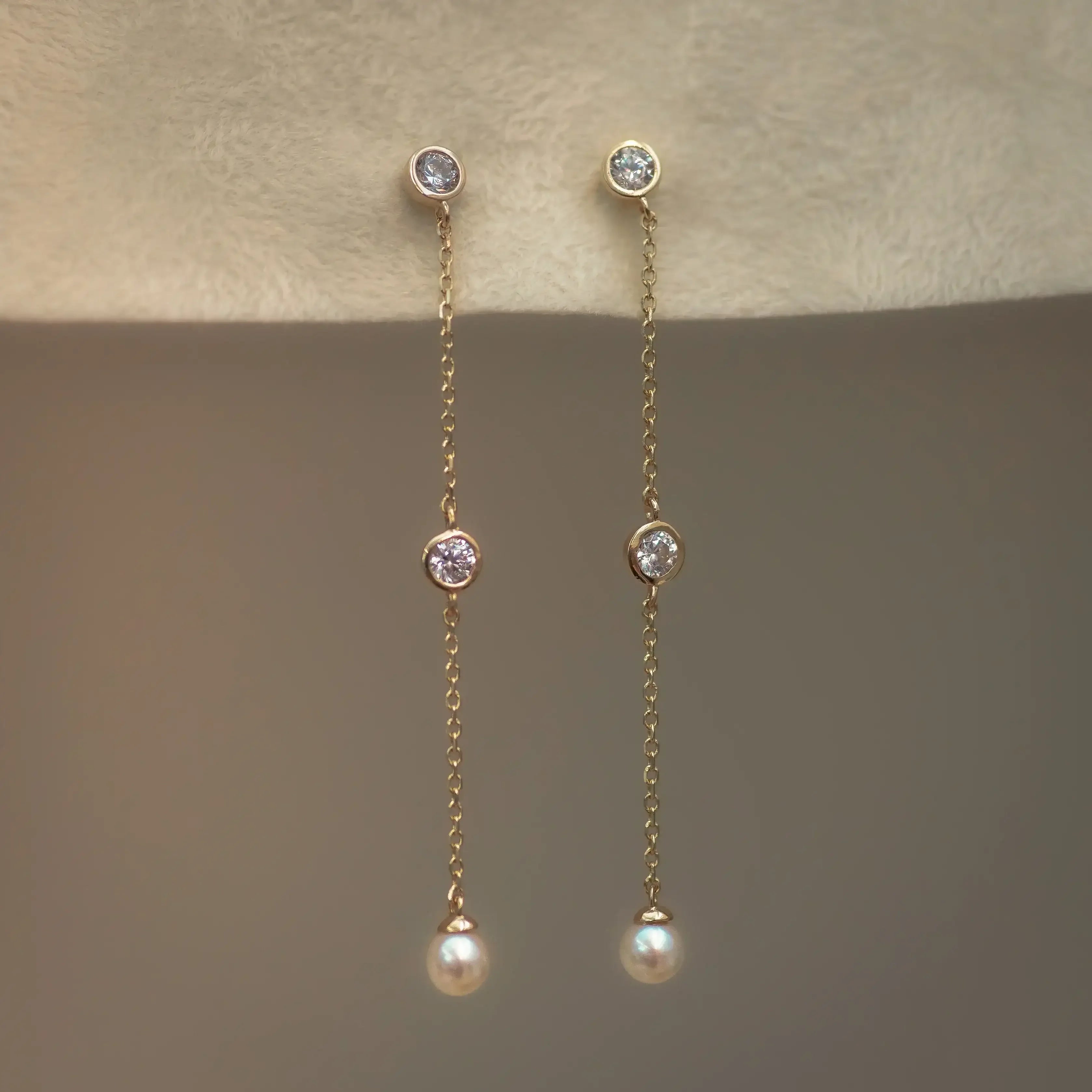 14K Solid Gold Pearl Chain Drop Earrings – Anygolds