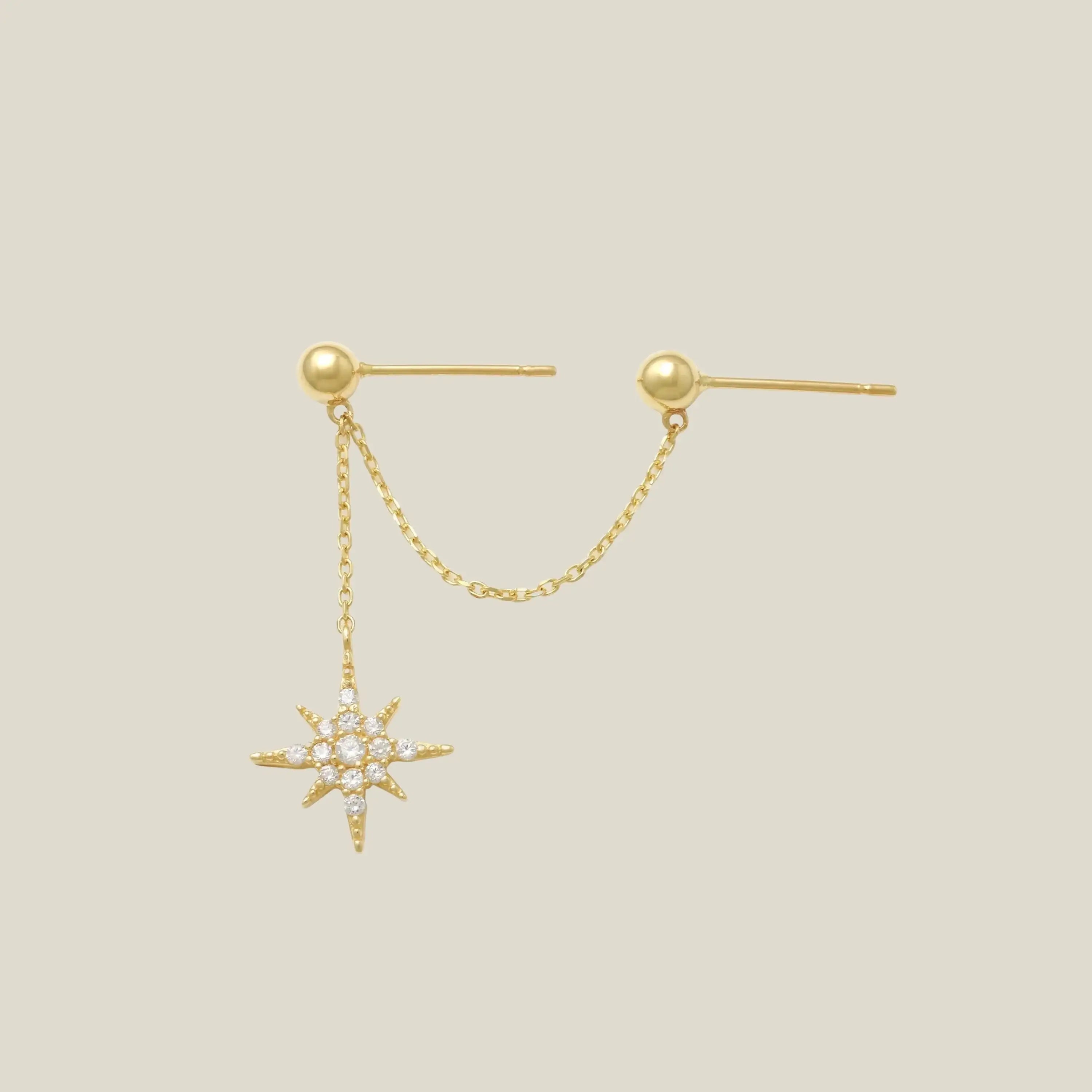 14K Solid Gold Starburst Chain Double Stud Earring – Anygolds
