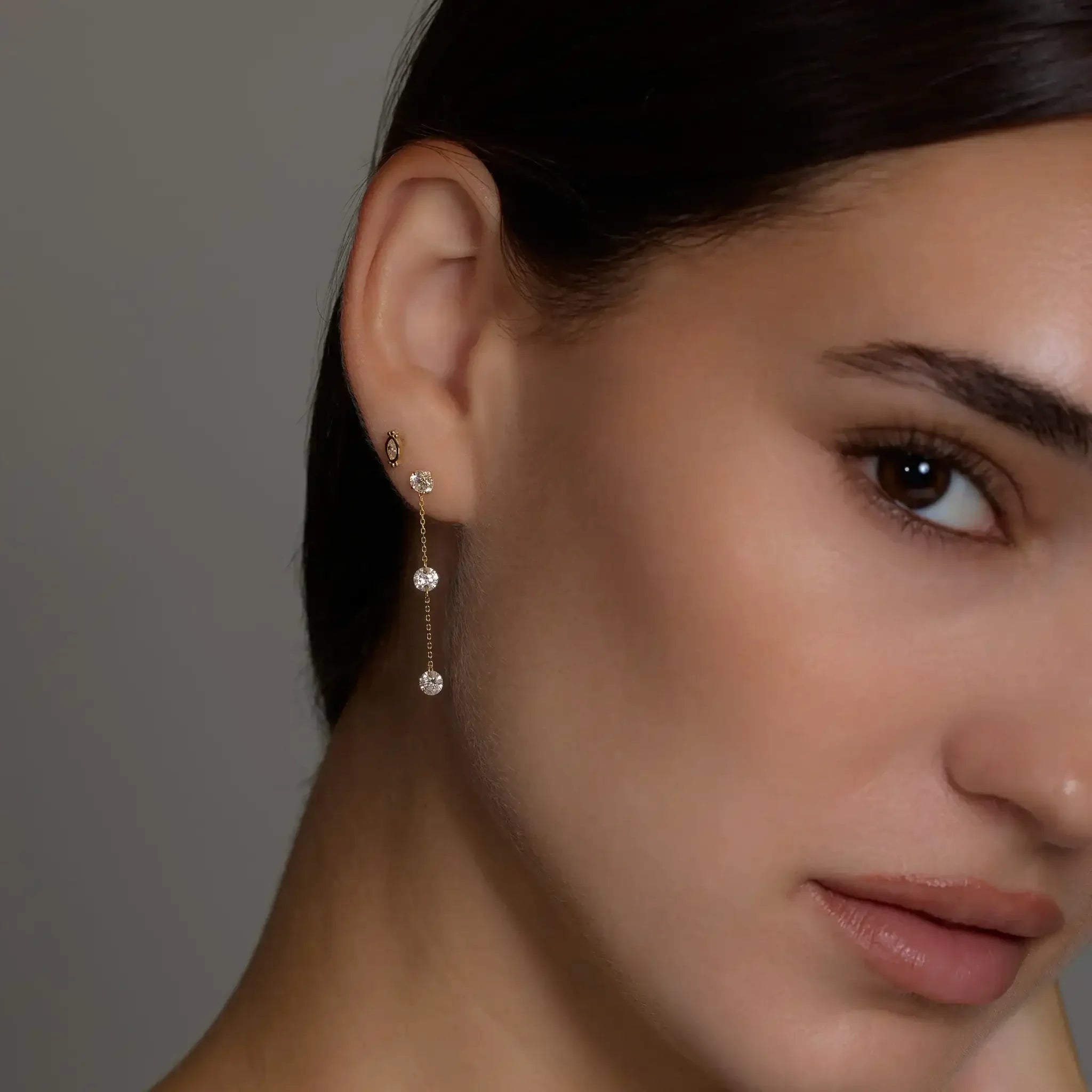 14K Solid Gold Triple Round Bar Chain Drop Earrings – Anygolds