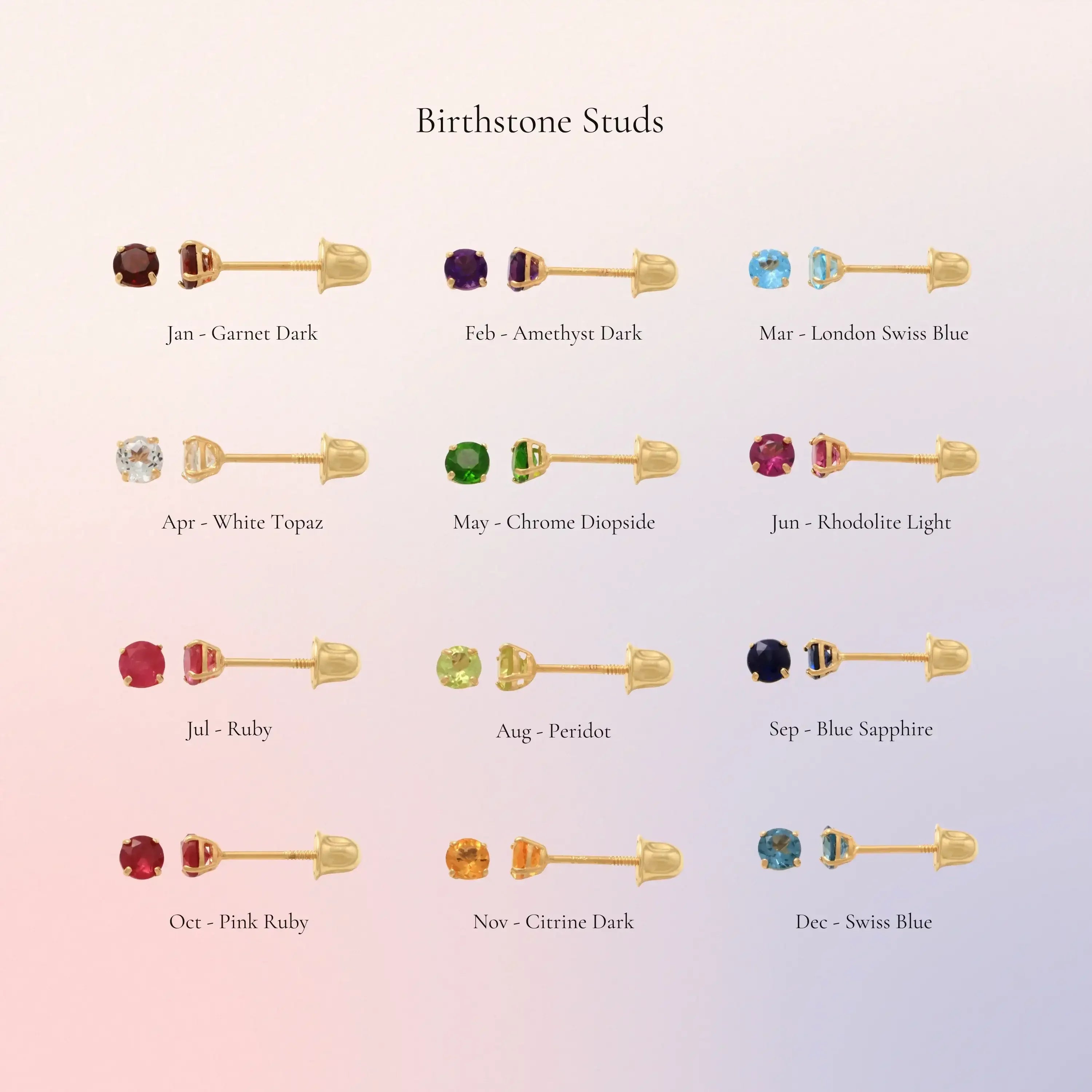 14K Solid Gold Birthstone Stud Earrings – Anygolds