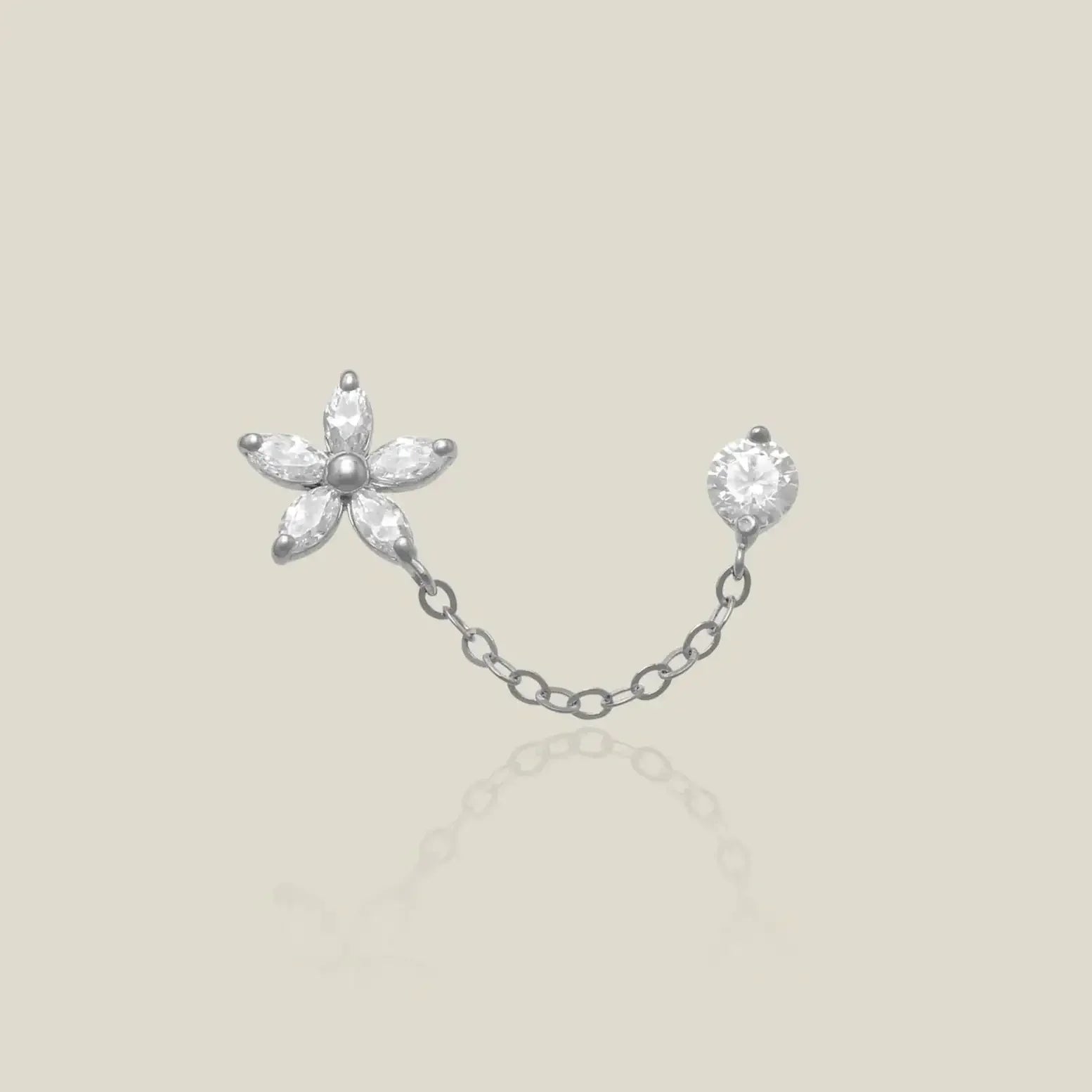 14K Solid Gold Flower & Stone Chain Double Stud Earring – Anygolds