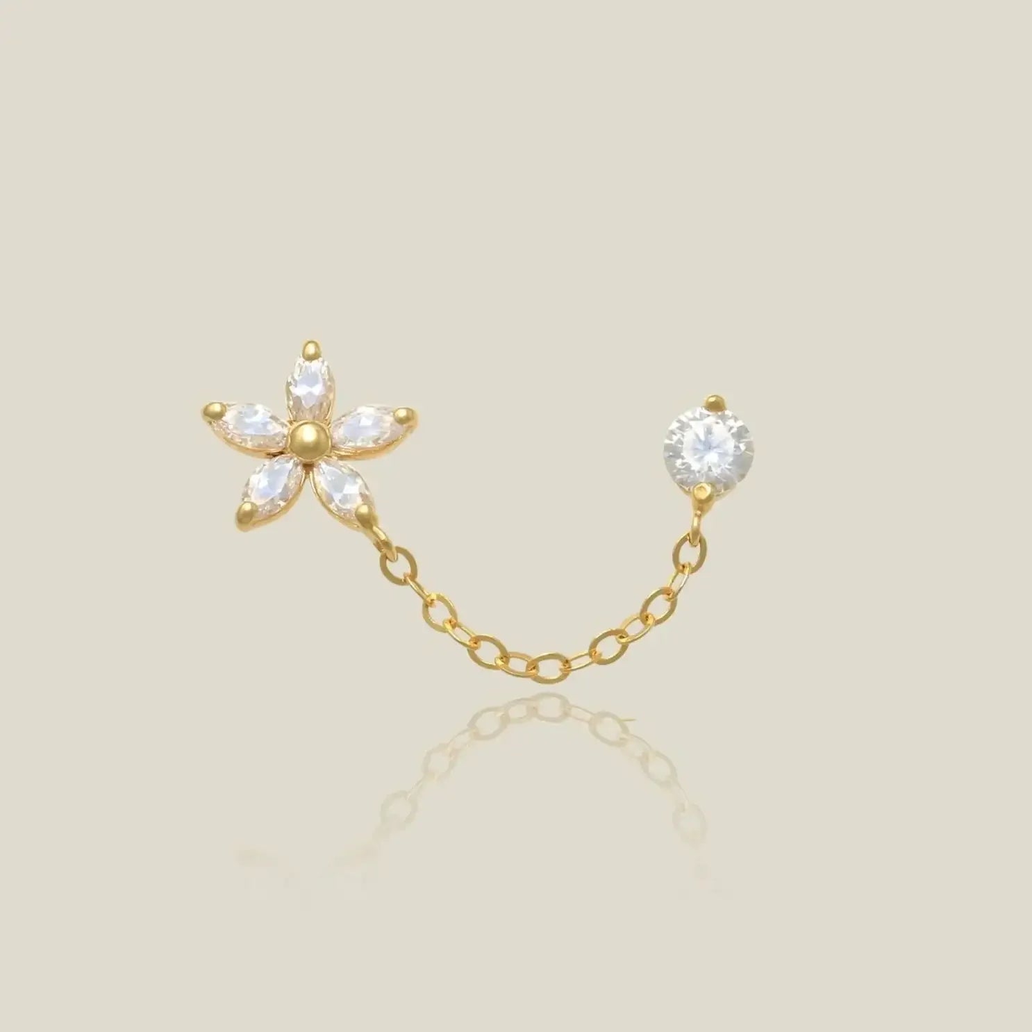 14K Solid Gold Flower & Stone Chain Double Stud Earring – Anygolds
