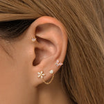 14K Solid Gold Flower & Stone Chain Double Stud Earring – Anygolds