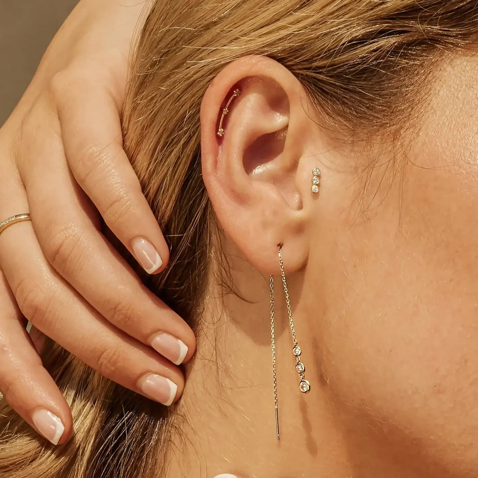 14K Solid Gold Triple Bezel Chain Threader Earrings – Anygolds