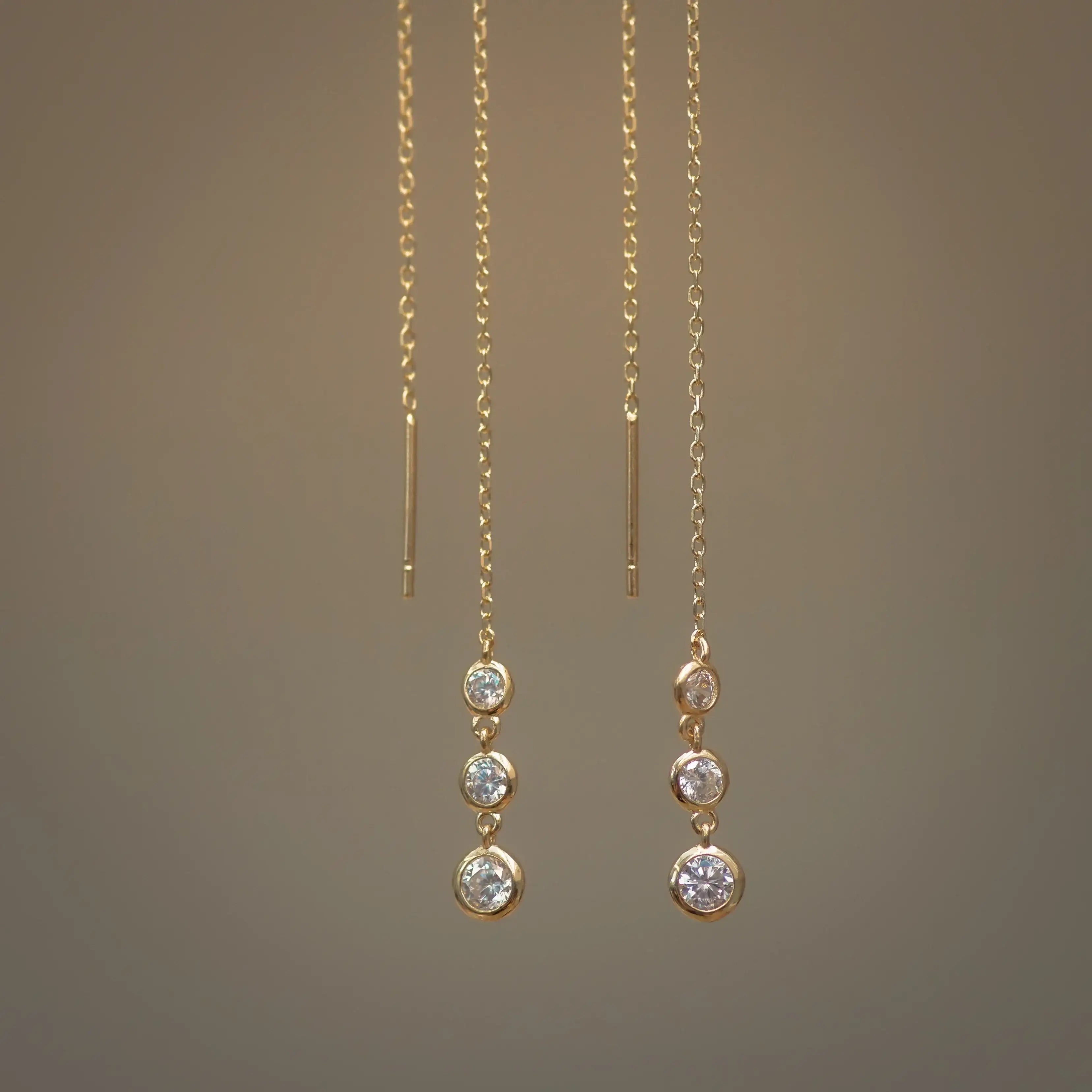14K Solid Gold Triple Bezel Chain Threader Earrings – Anygolds