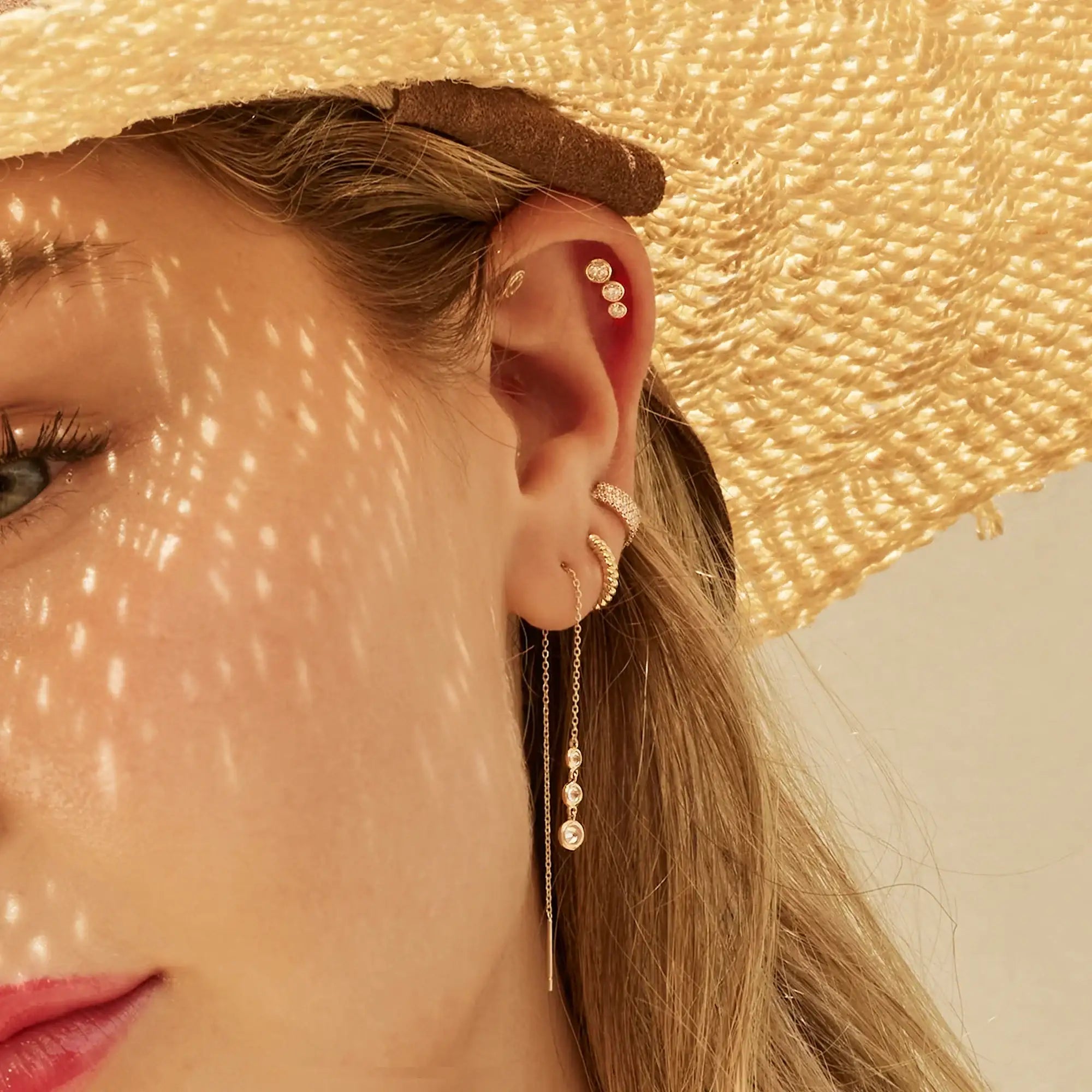 14K Solid Gold Triple Bezel Chain Threader Earrings – Anygolds