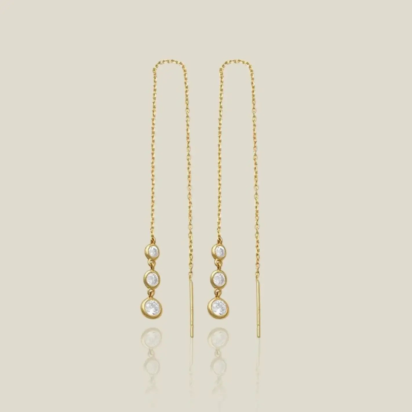 14K Solid Gold Triple Bezel Chain Threader Earrings – Anygolds