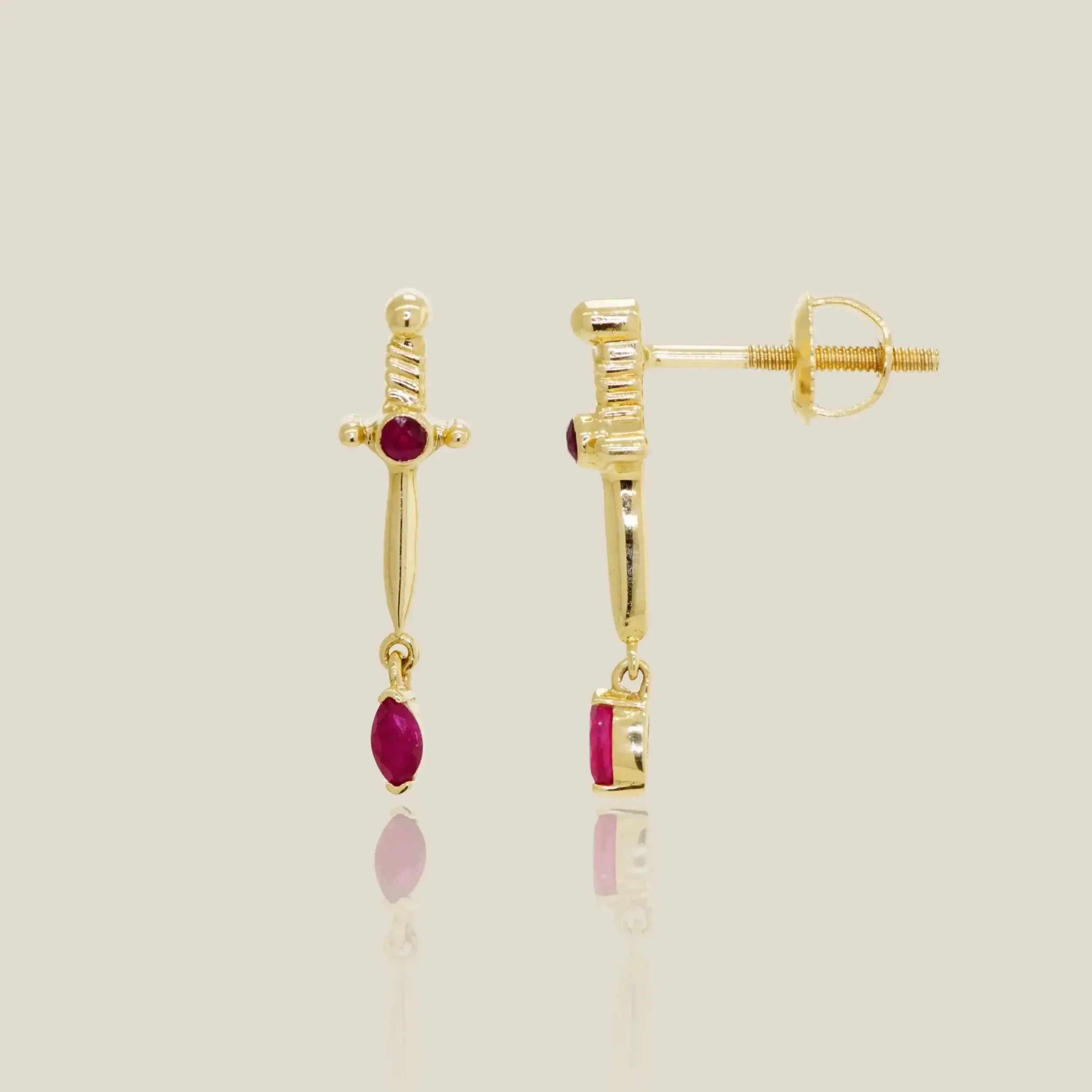 14K Solid Gold Ruby Dagger Stud Earrings (Pair, Single) – Anygolds