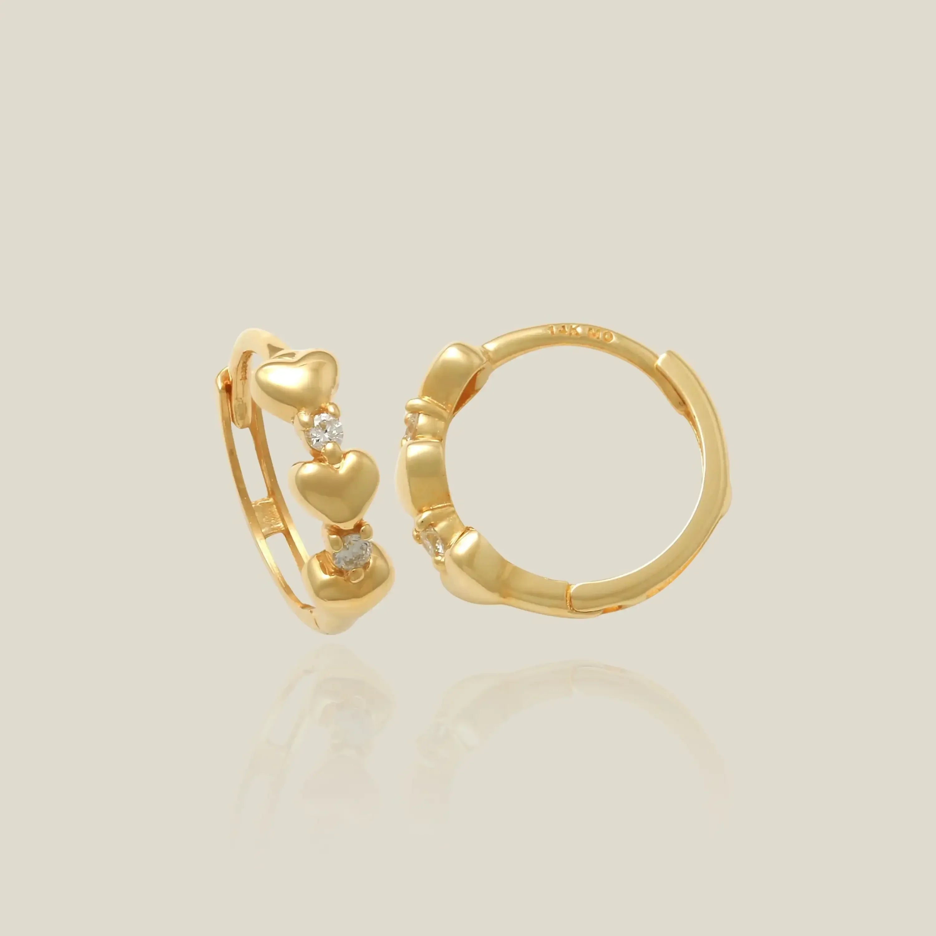 14K Solid Gold Diamond Triple Heart Huggie Hoop Earrings – Anygolds