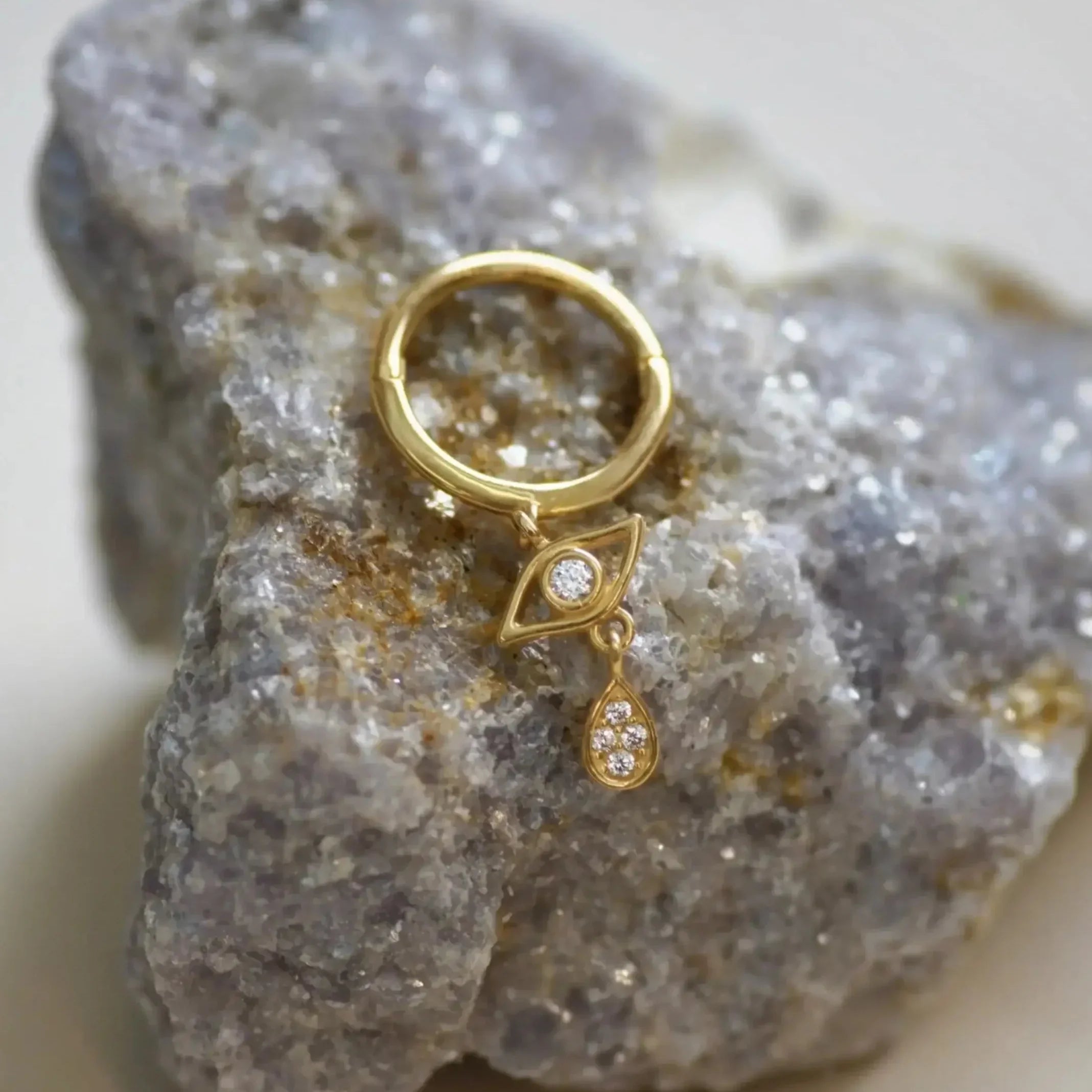 14K Solid Gold Teardrop Evil Eye Dangle Clicker Hoop – Anygolds