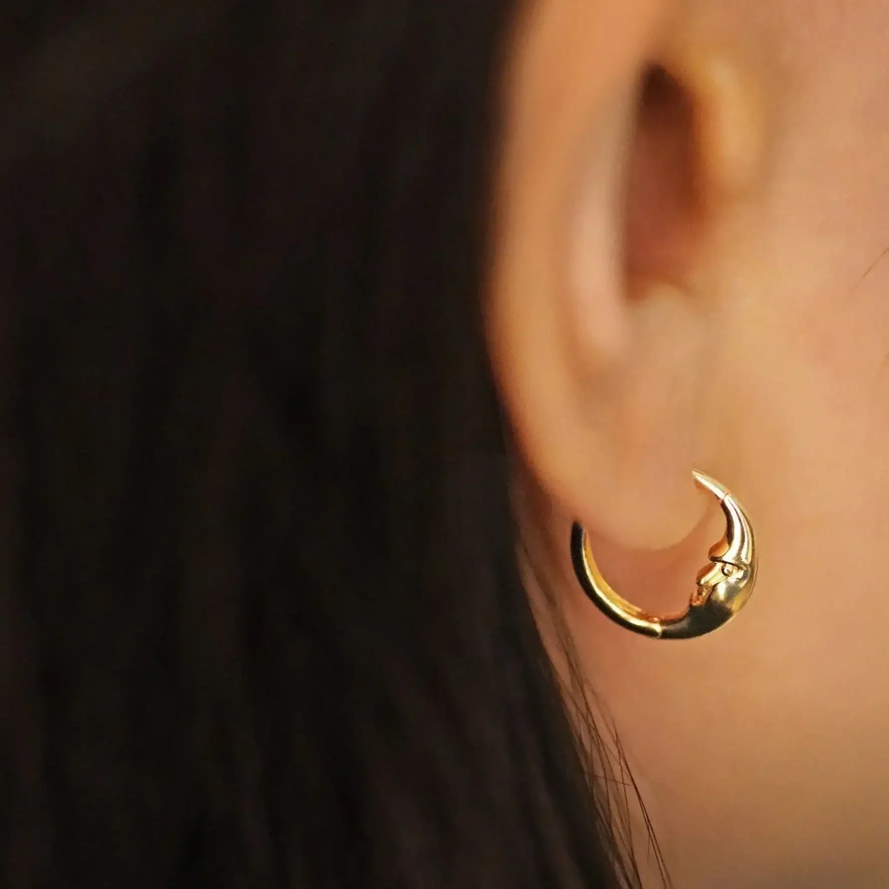 14K Solid Gold Moon Arc Face Huggie Hoop Earrings – Anygolds