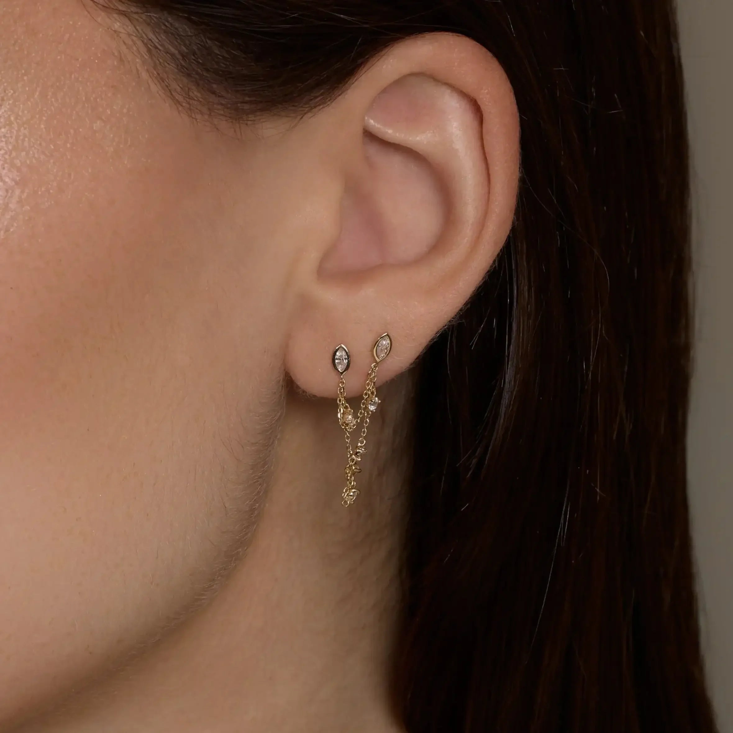 14K Solid Gold Crystal Web Chain Double Stud Earring – Anygolds
