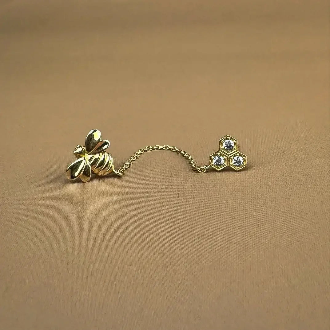 14K Solid Gold Bee & Honeycomb Double Chain Stud Earring – Anygolds
