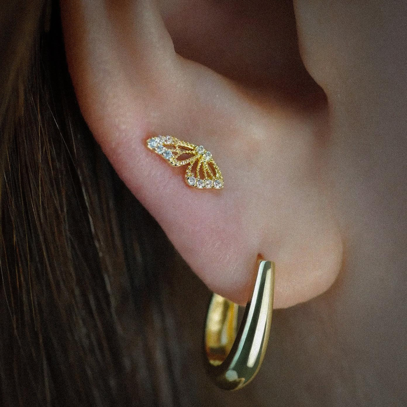 14K Solid Gold CZ Butterfly Wing Stud – Anygolds