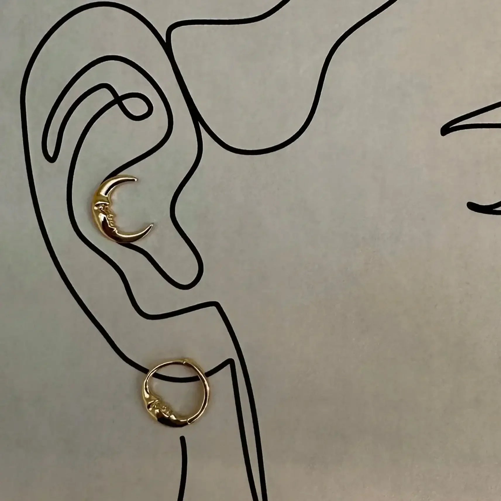 14K Solid Gold Crescent Moon Face Stud – Anygolds