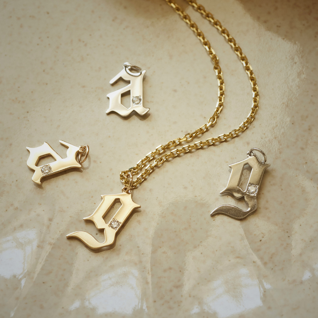 14K Solid Gold Diamond Gothic Initial Pendant - Anygolds