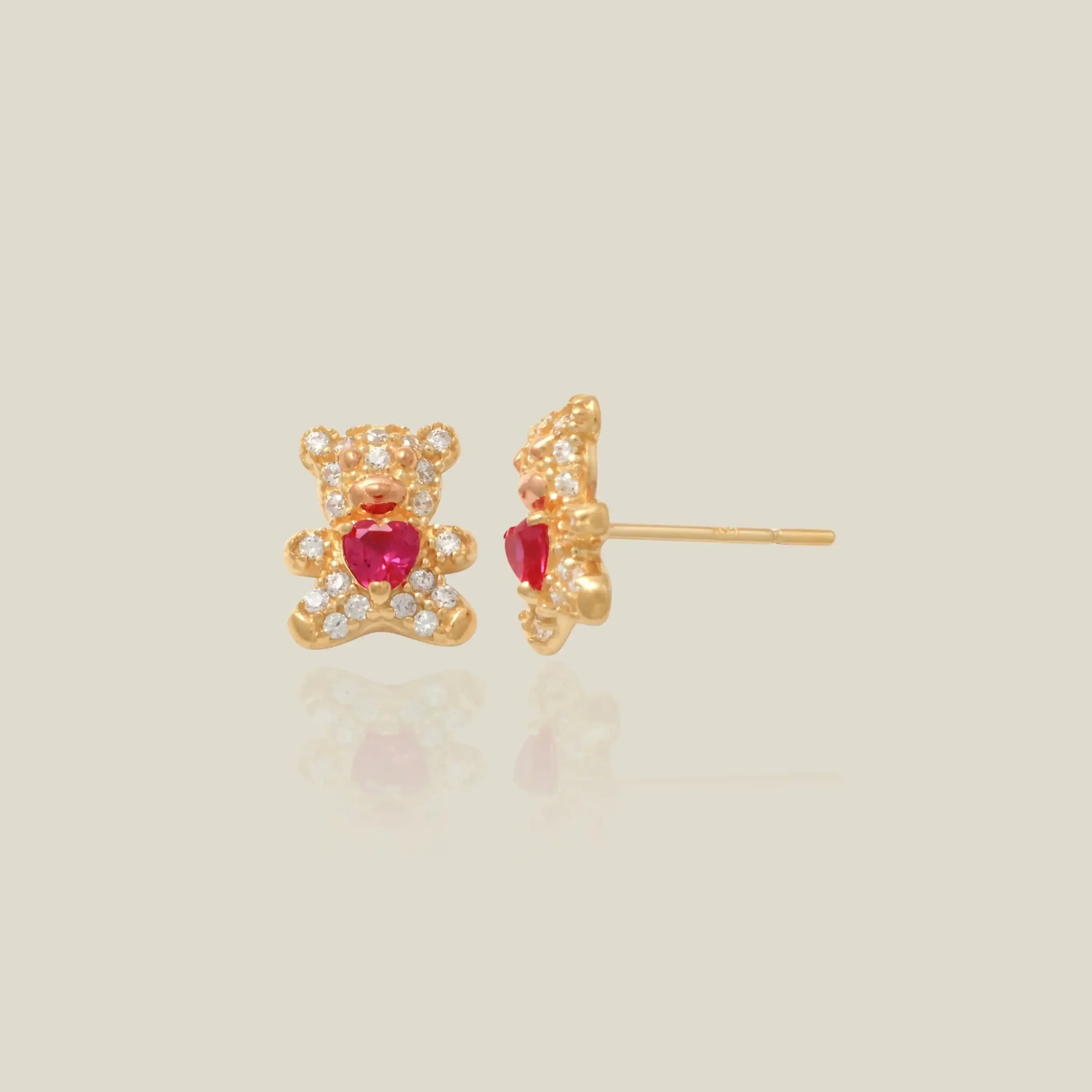 14K Solid Gold Teddy Bear with Heart Stud Earrings – Anygolds