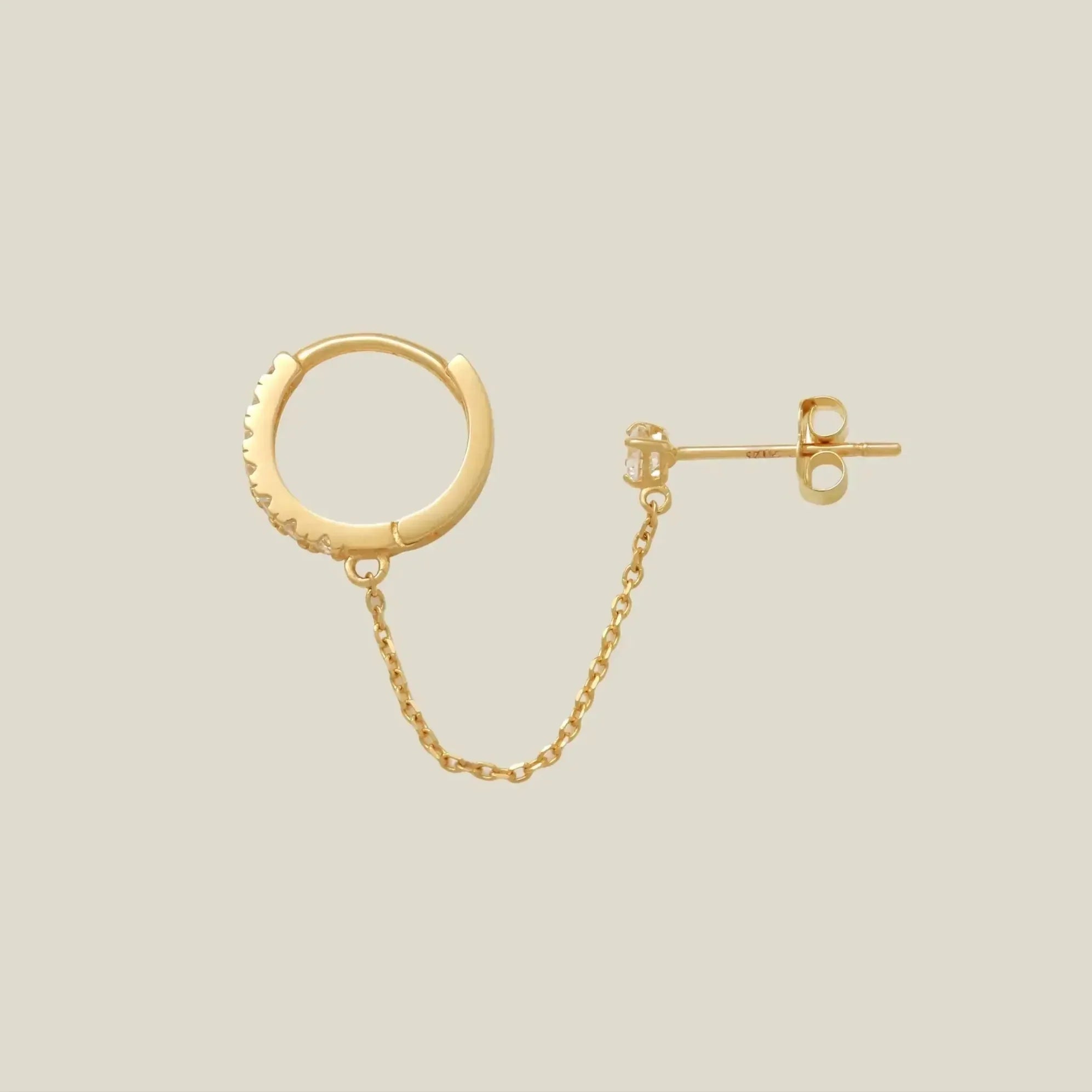 14K Solid Gold CZ Hoop with Chain Double Stud Earring – Anygolds