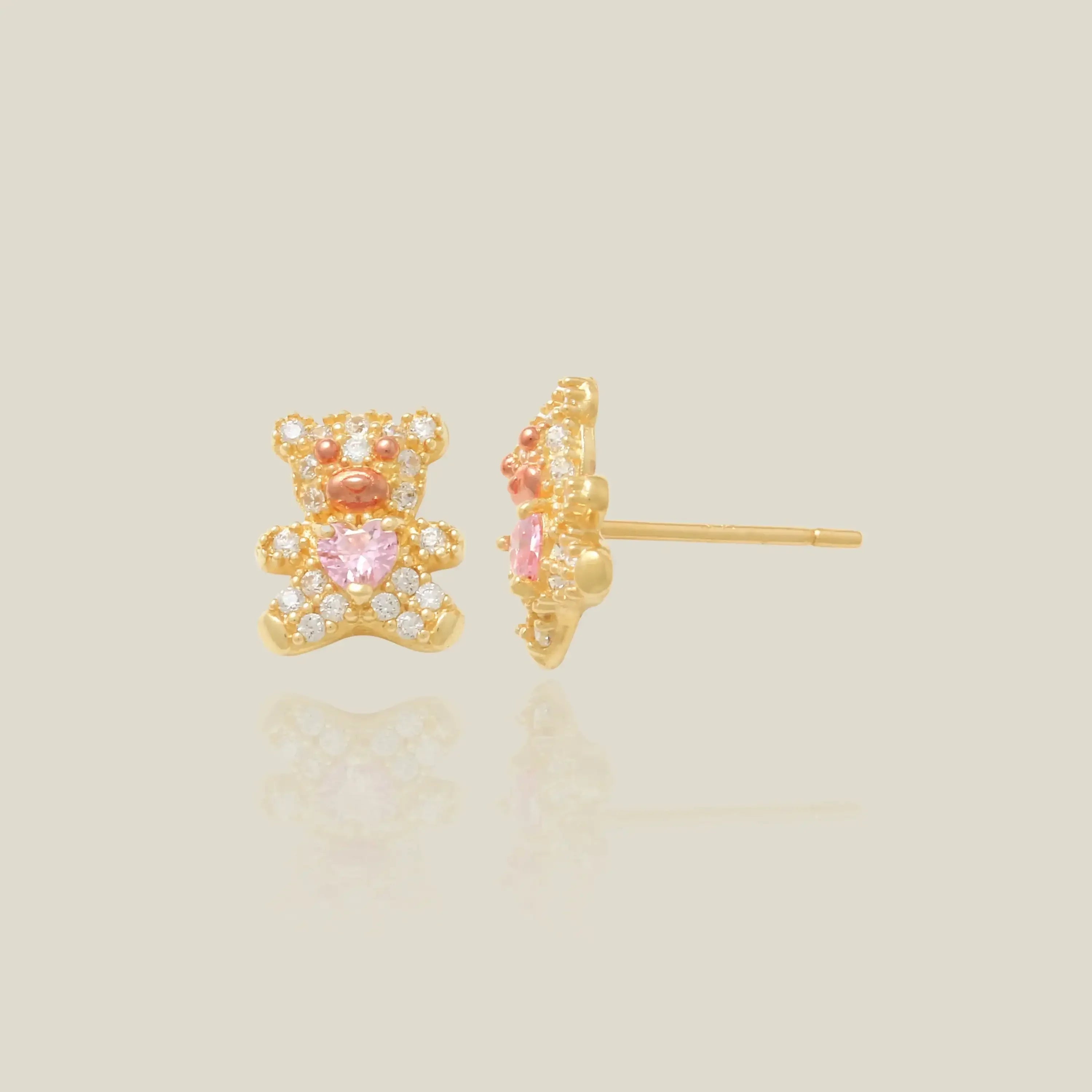 14K Solid Gold Teddy Bear with Heart Stud Earrings – Anygolds