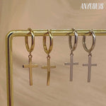 14K Solid Gold Plain Cross Drop Earrings – Anygolds