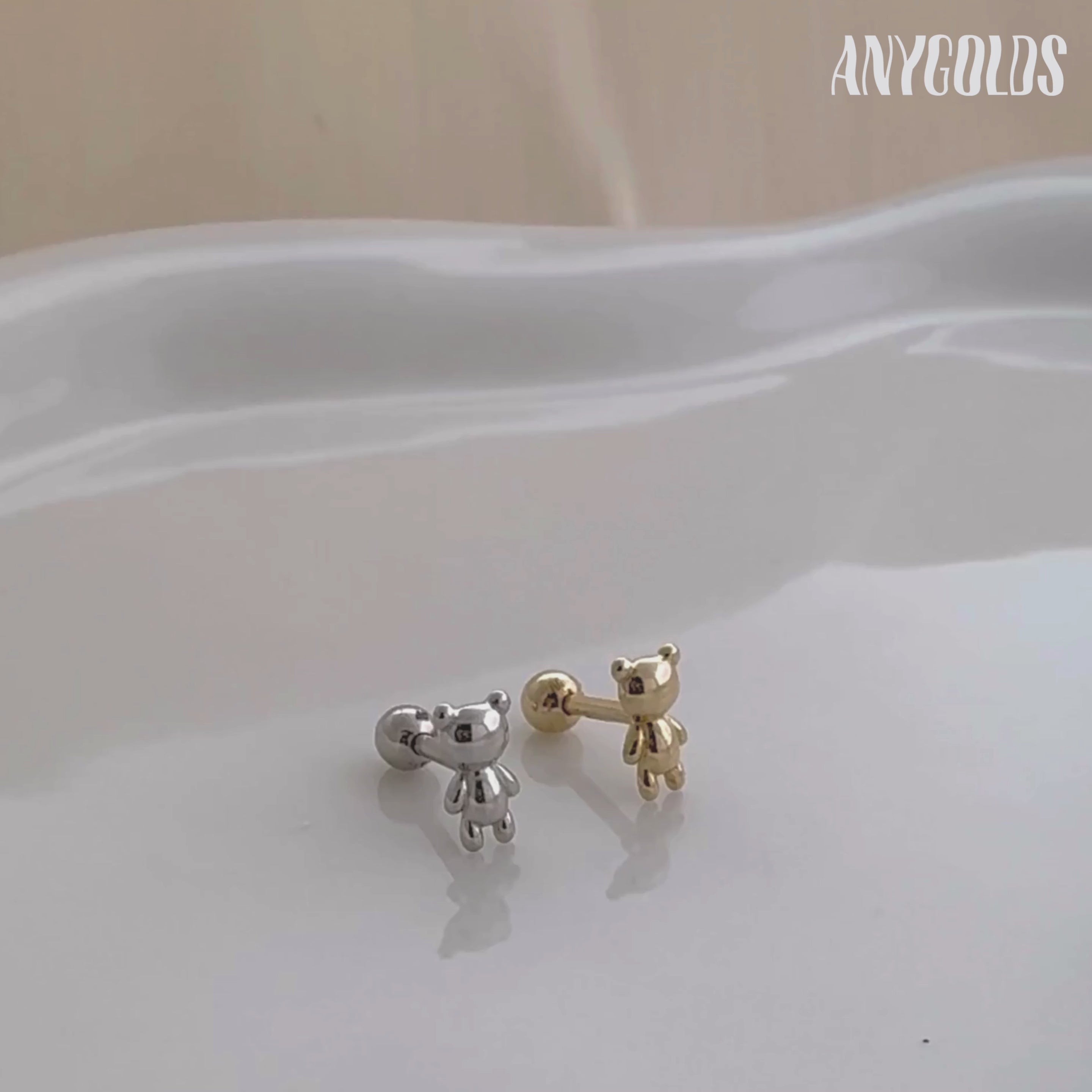14K Solid Gold Teddy Bear Stud Piercing Earring - Anygolds 