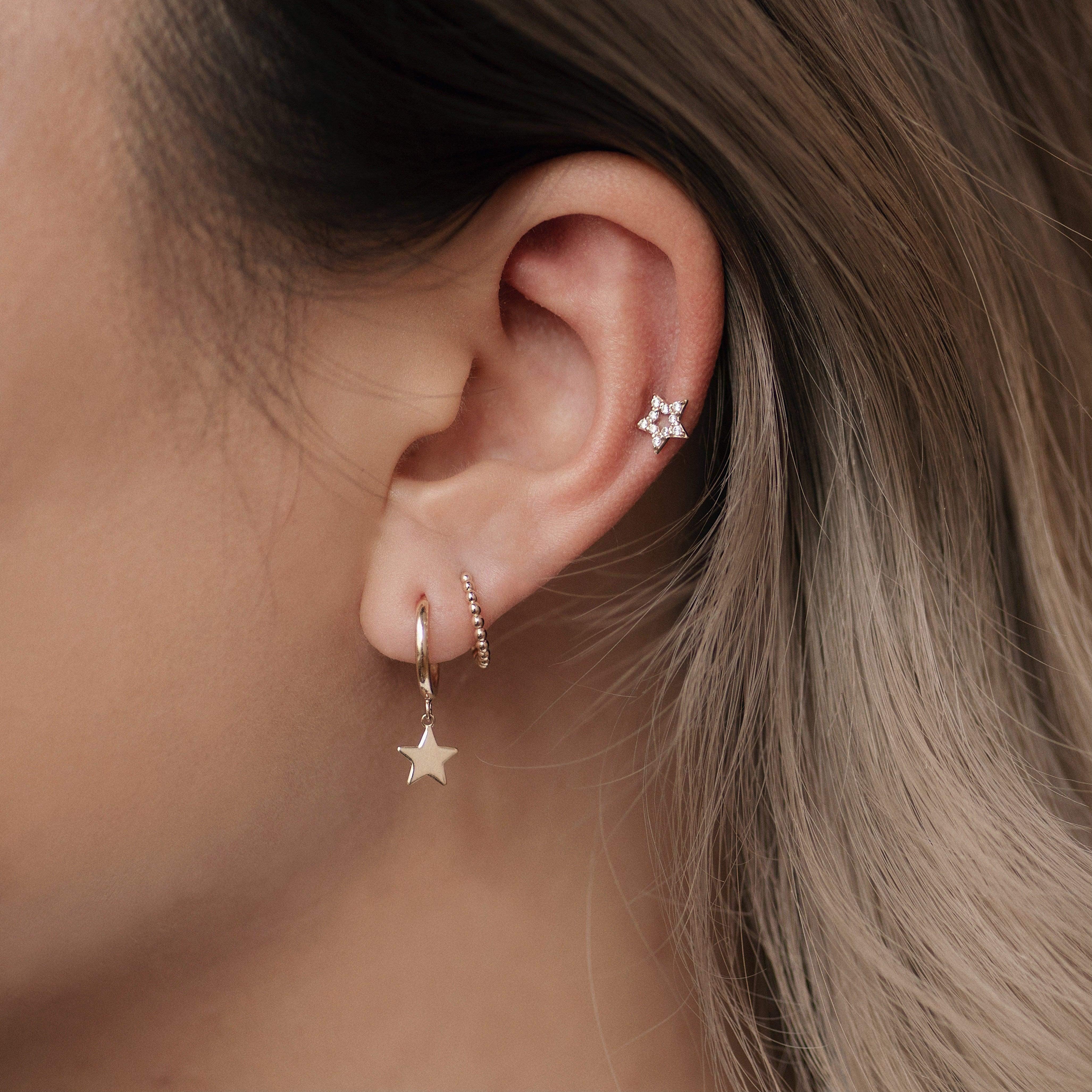 14K Solid Gold Star Drop Huggie Hoop Earrings – Anygolds