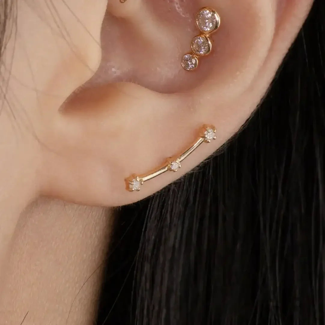 14K Solid Gold Diamond Celestial Curved Bar Stud – Anygolds