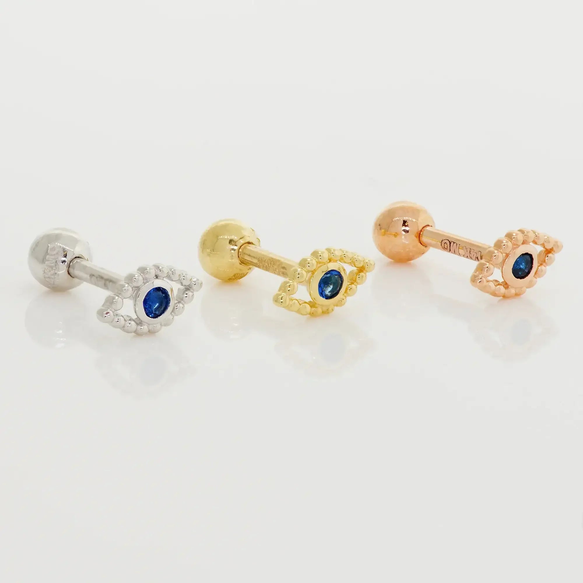 14K Solid Gold Sapphire Blue CZ Evil Eye Stud – Anygolds
