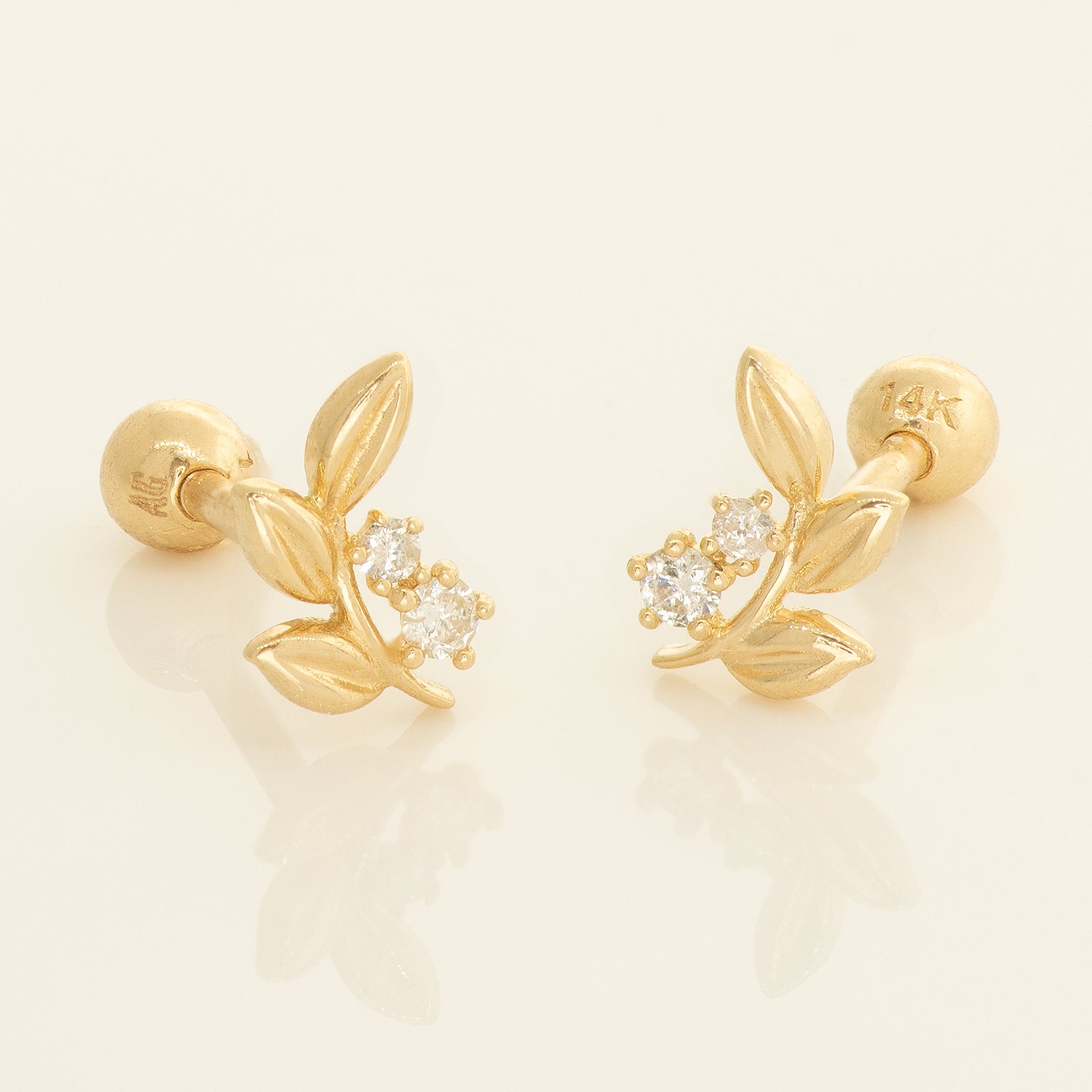 14K Gold Olive Leaf with Diamond Stud Piercing Earring - Anygolds