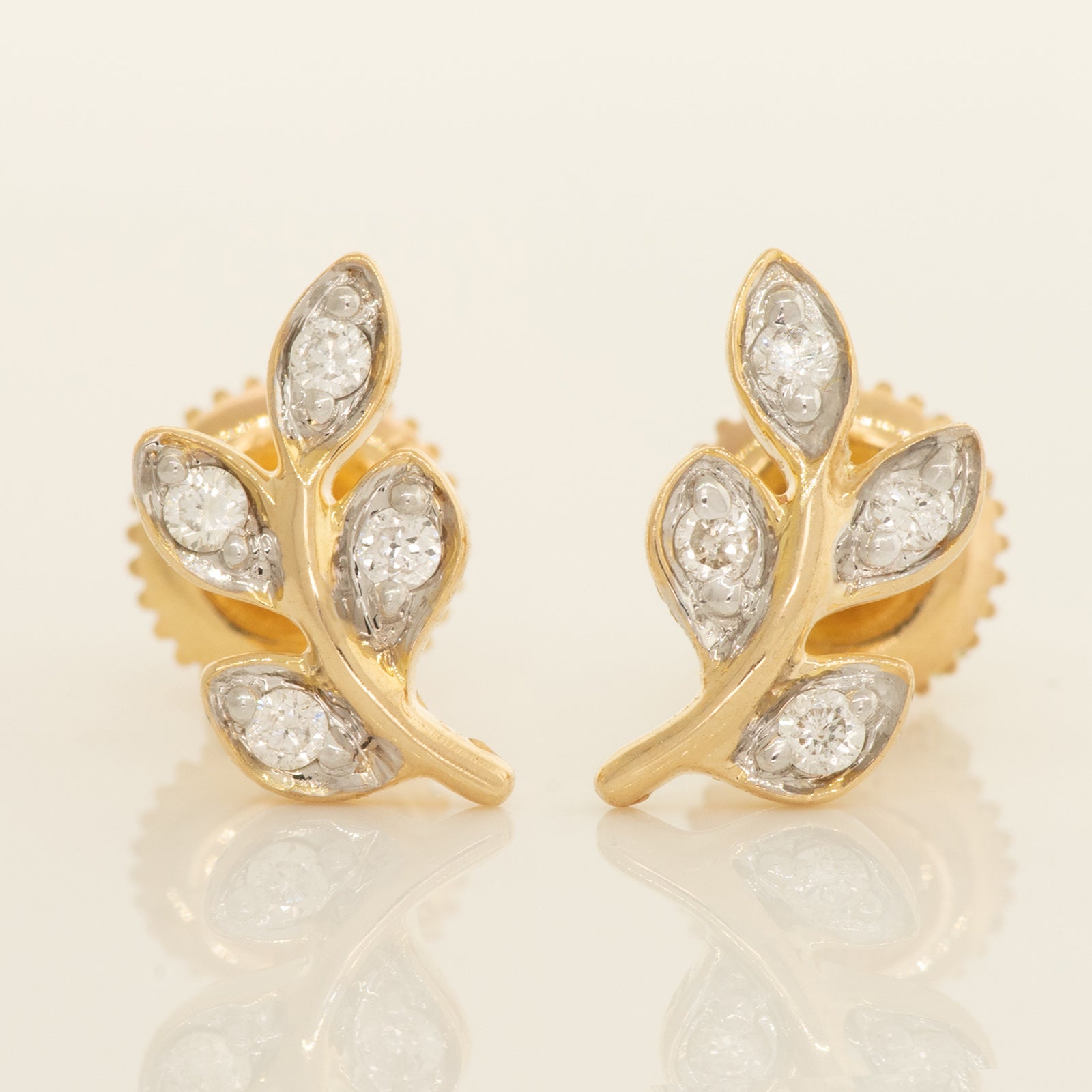 14K Solid Gold Diamond Olive Leaf Stud Earrings - Anygolds