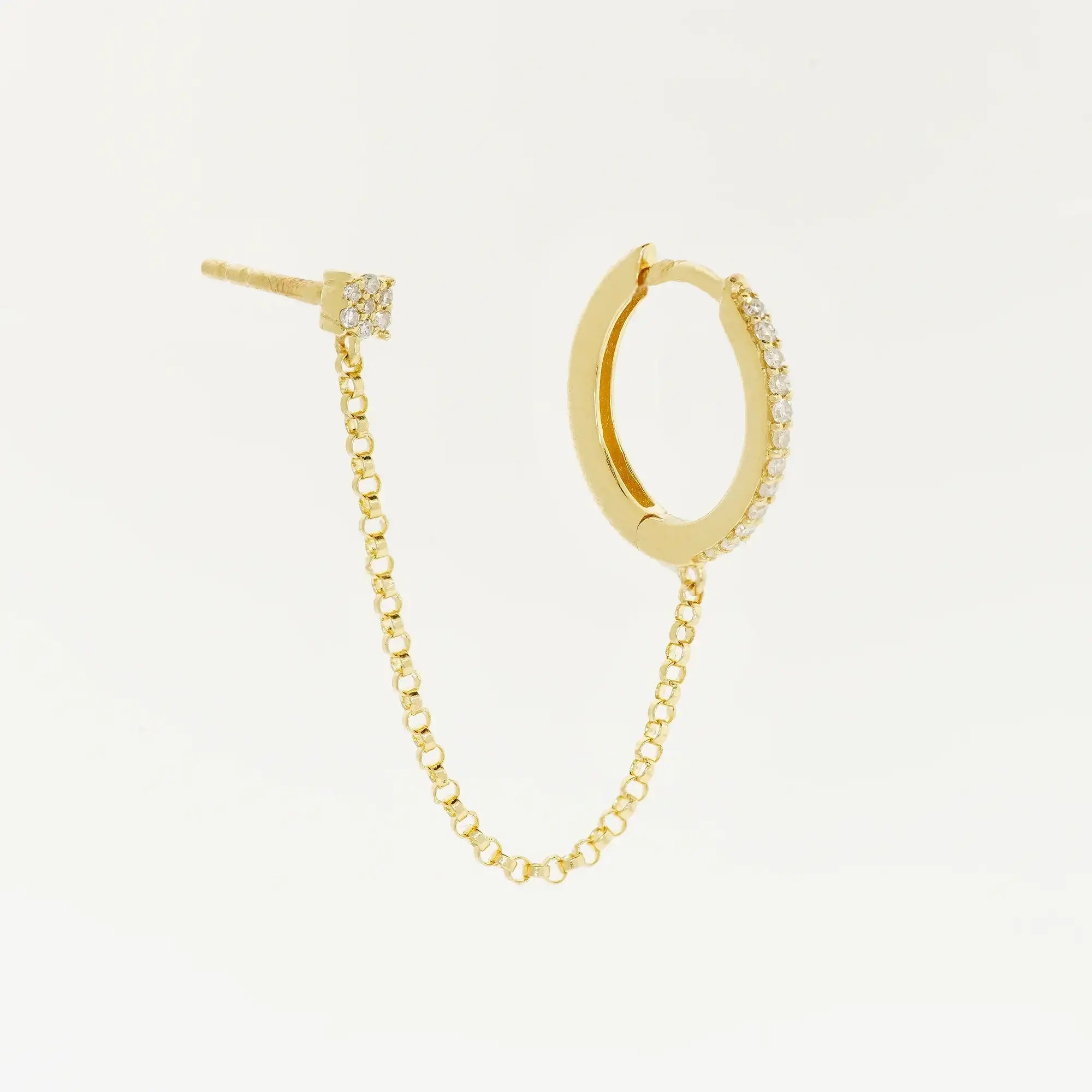 14K Solid Gold Diamond Hoop with Chain Double Stud Earring – Anygolds