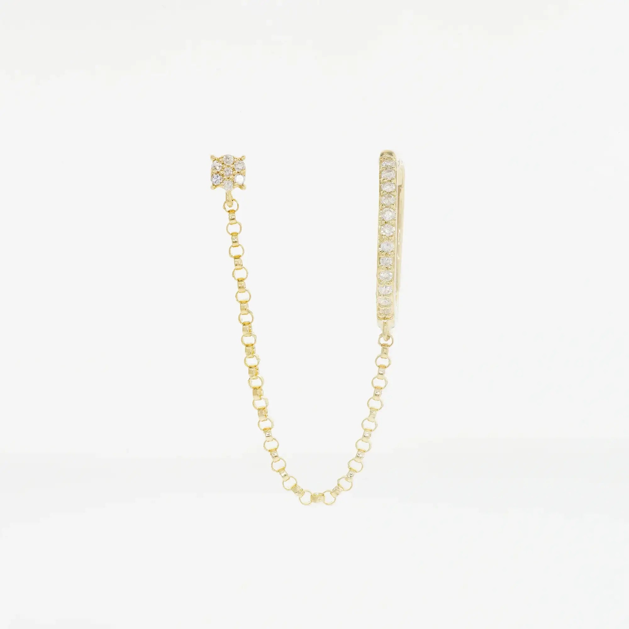 14K Solid Gold Diamond Hoop with Chain Double Stud Earring – Anygolds