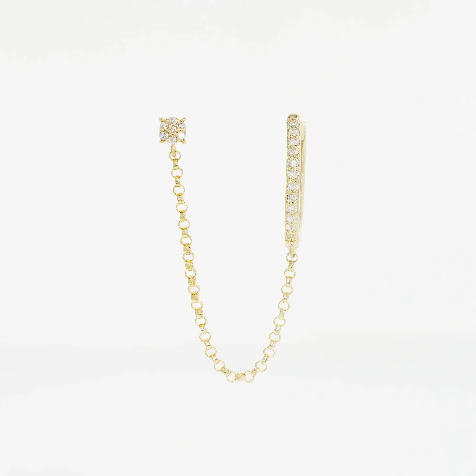 14K Solid Gold Diamond Hoop with Chain Double Stud Earring – Anygolds