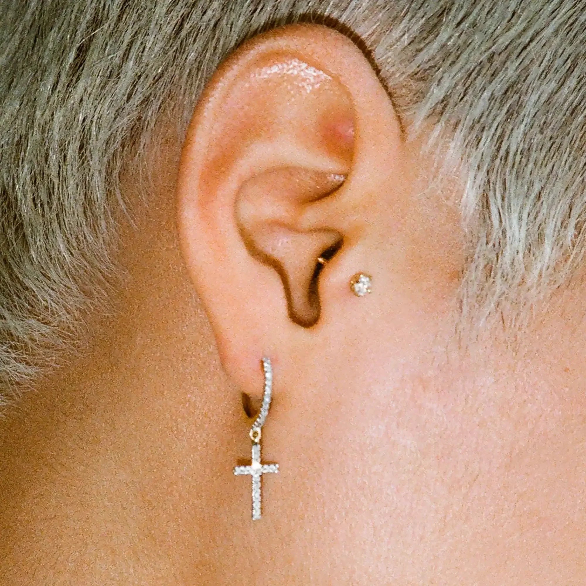 14K Solid Gold Diamond Cross Hoop Drop Earrings – Anygolds