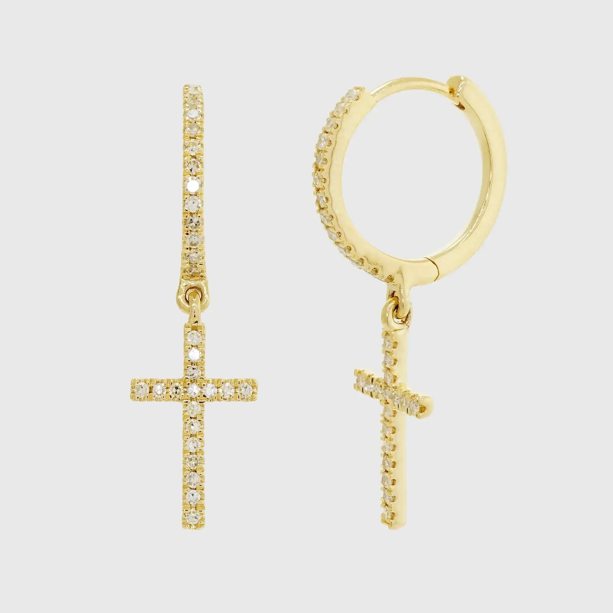 14K Solid Gold Diamond Cross Hoop Drop Earrings – Anygolds