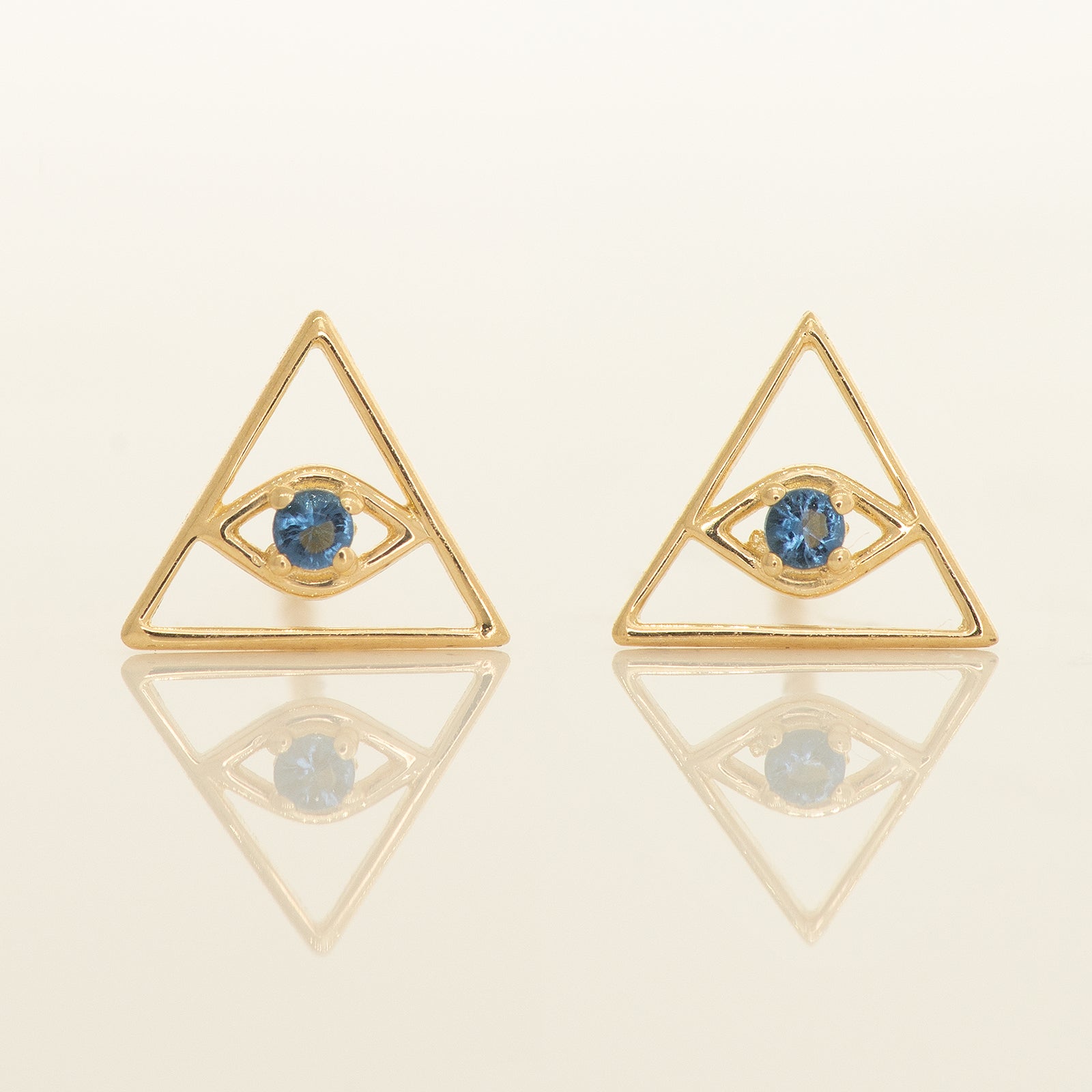 14K Solid Gold Cubic Zirconia Triangle evil eye Stud Earrings