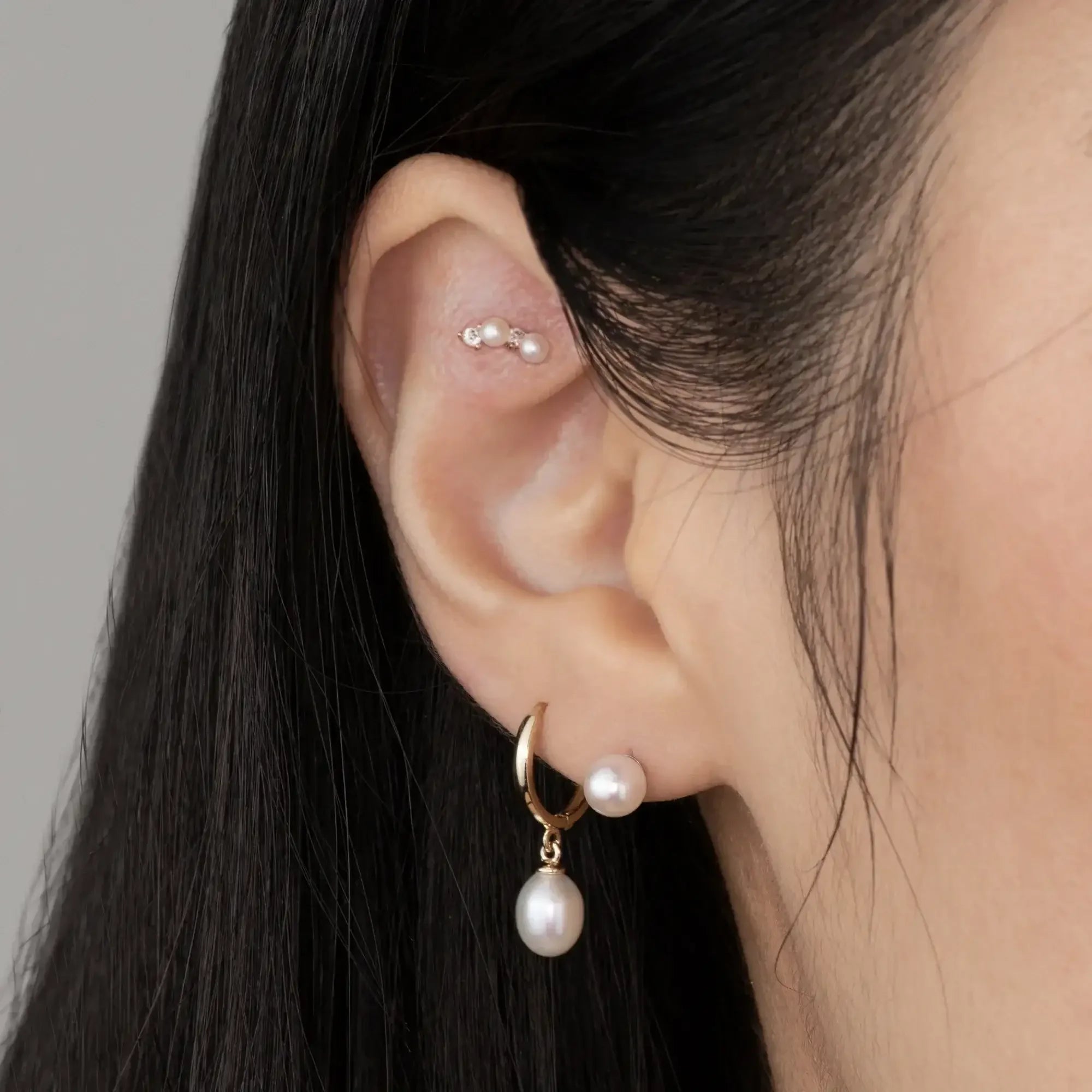 14K Solid Gold Double Pearl Stack Stud – Anygolds