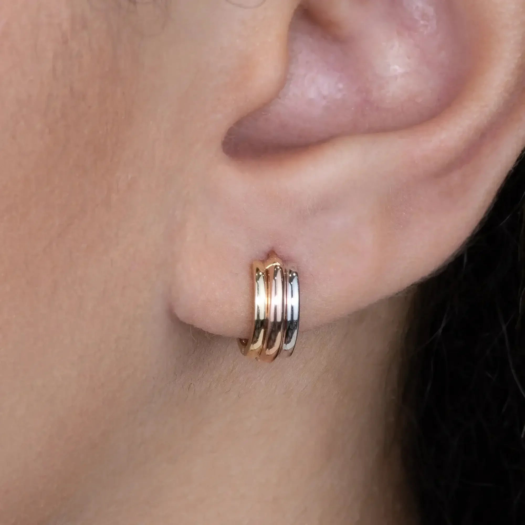 14K Solid Gold Tri-Gold Mini Hoop Earrings – Anygolds