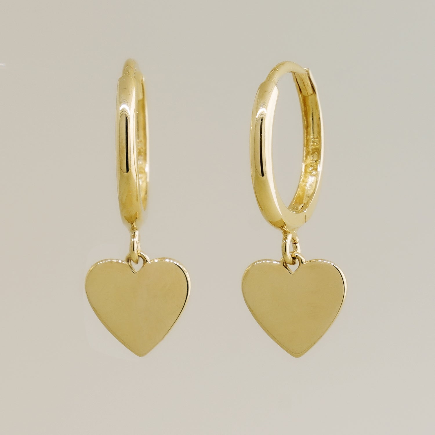 14K Solid Gold Heart Drop Huggie Hoop Earrings - Anygolds 