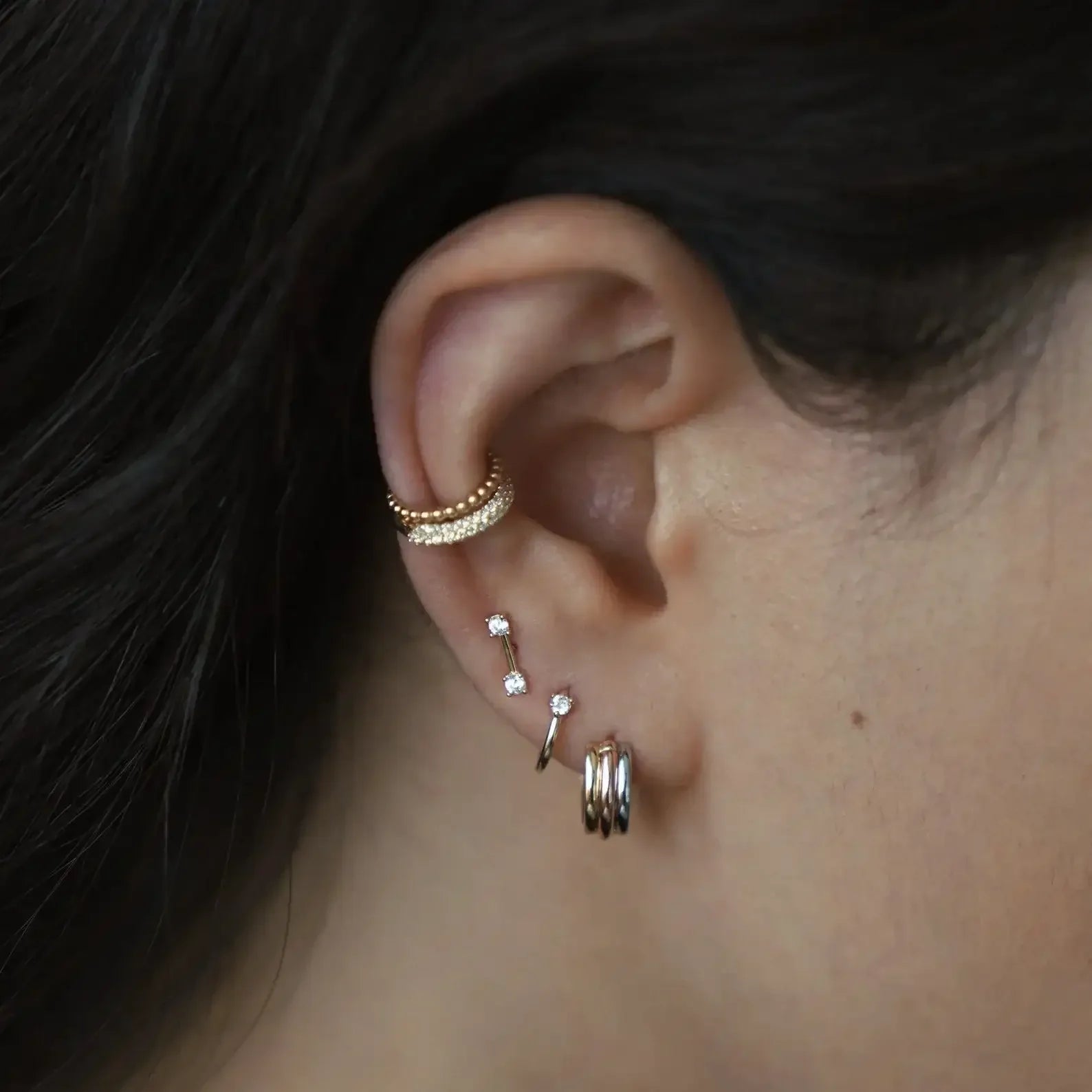 14K Solid Gold Tri-Gold Mini Hoop Earrings – Anygolds