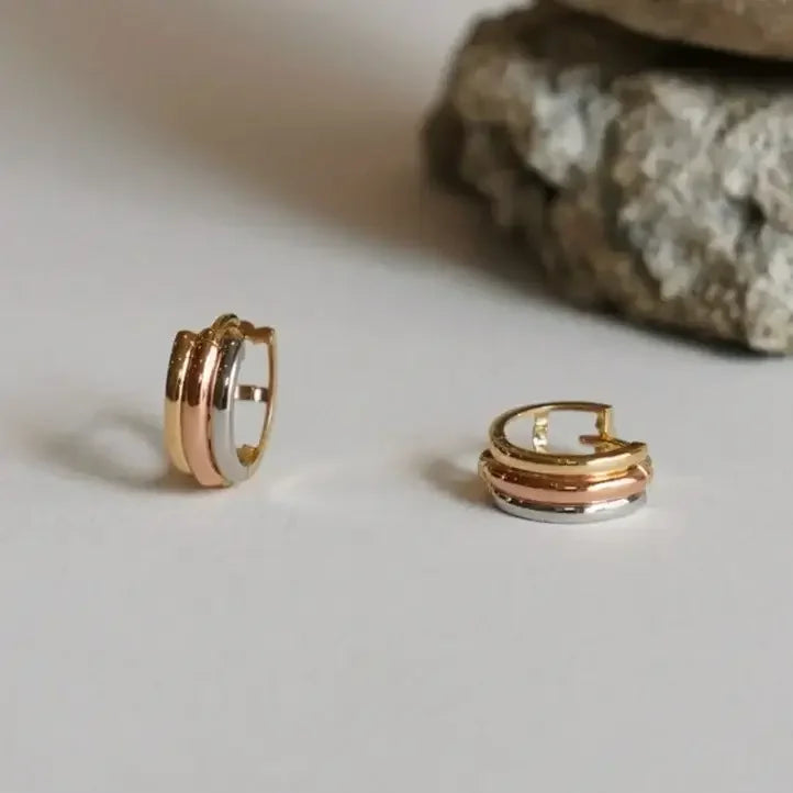 14K Solid Gold Tri-Gold Mini Hoop Earrings – Anygolds
