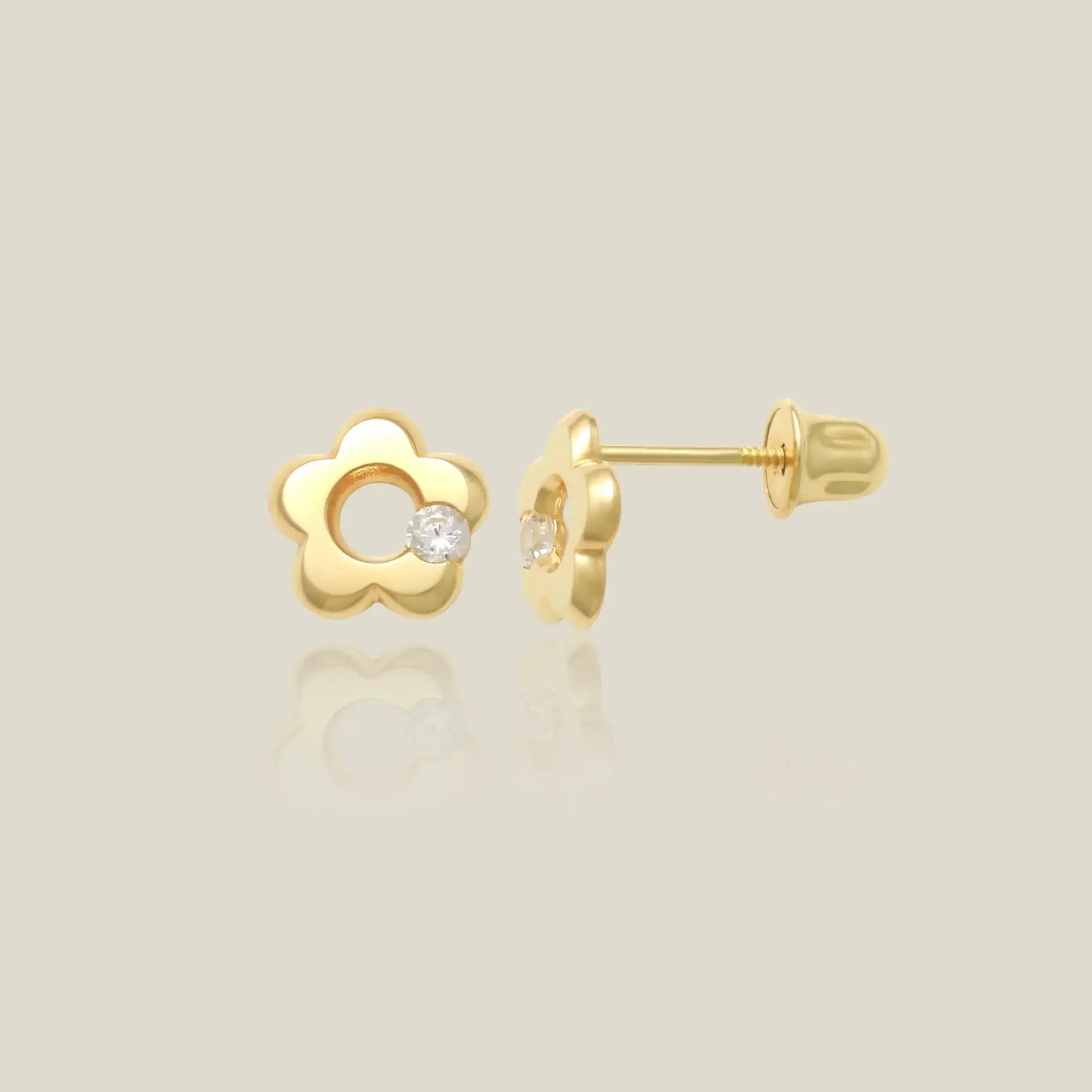 14K Solid Gold CZ Puffed Flower Stud Earrings – Anygolds