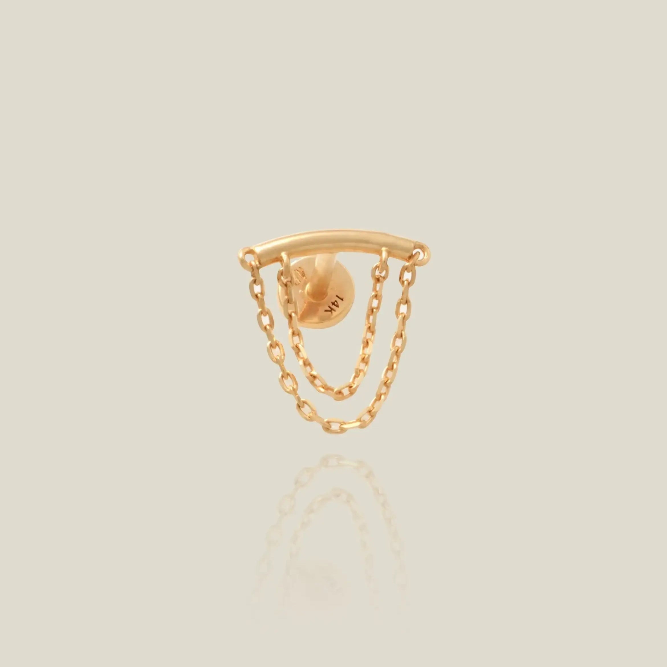 14K Solid Gold Curved Bar & Double Chain Stud – Anygolds