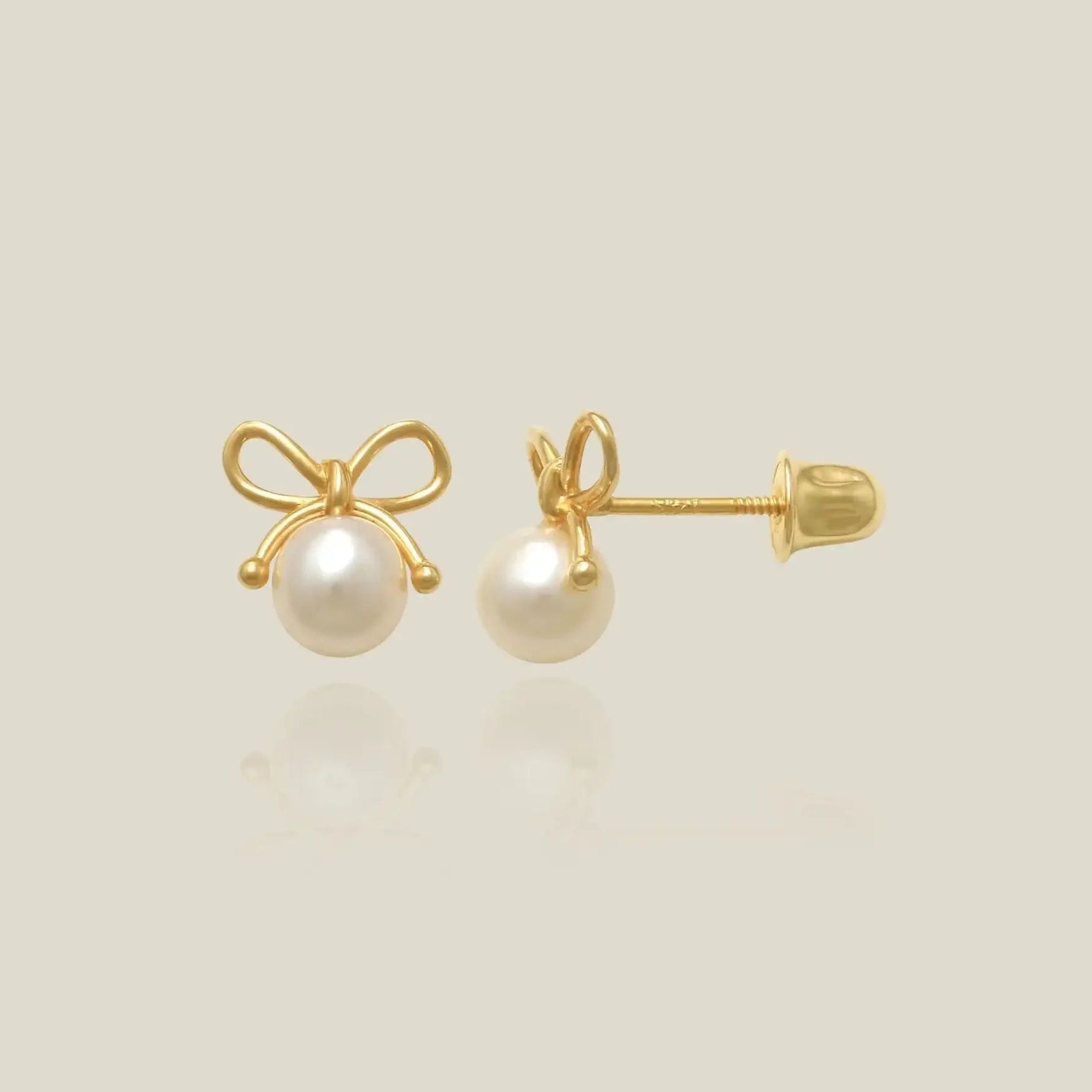 14K Solid Gold Pearl & Bow Stud Earrings – Anygolds