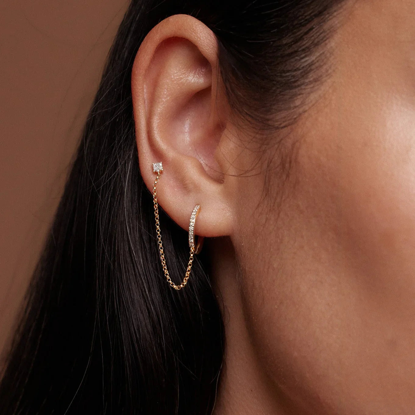 14K Solid Gold Diamond Hoop with Chain Double Stud Earring – Anygolds