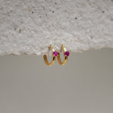 Round Color Stone Hoop Earrings (Ruby, Pink, Clear)