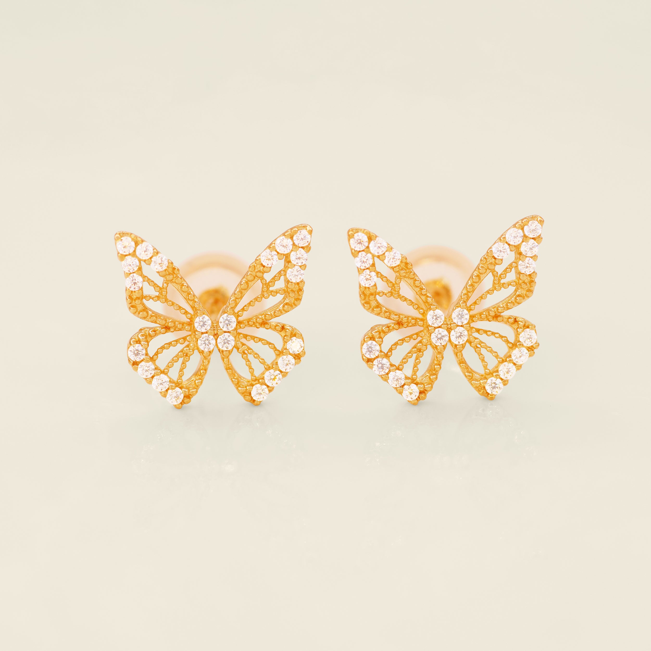 14K Solid Gold Medium CZ Butterfly Stud Earrings - Anygolds 