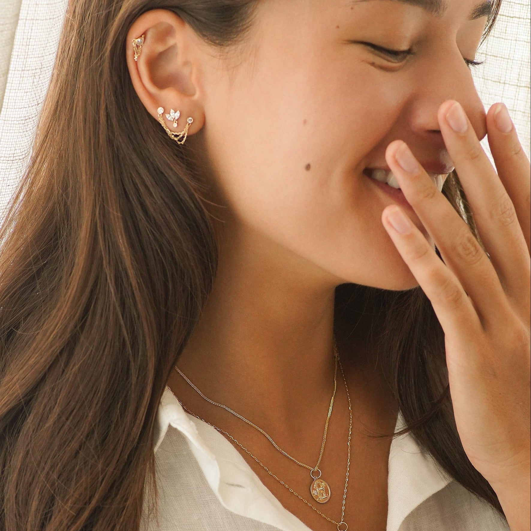 14K Solid Gold Triple Chain Link Earring Double Piercing Connection | Anygolds