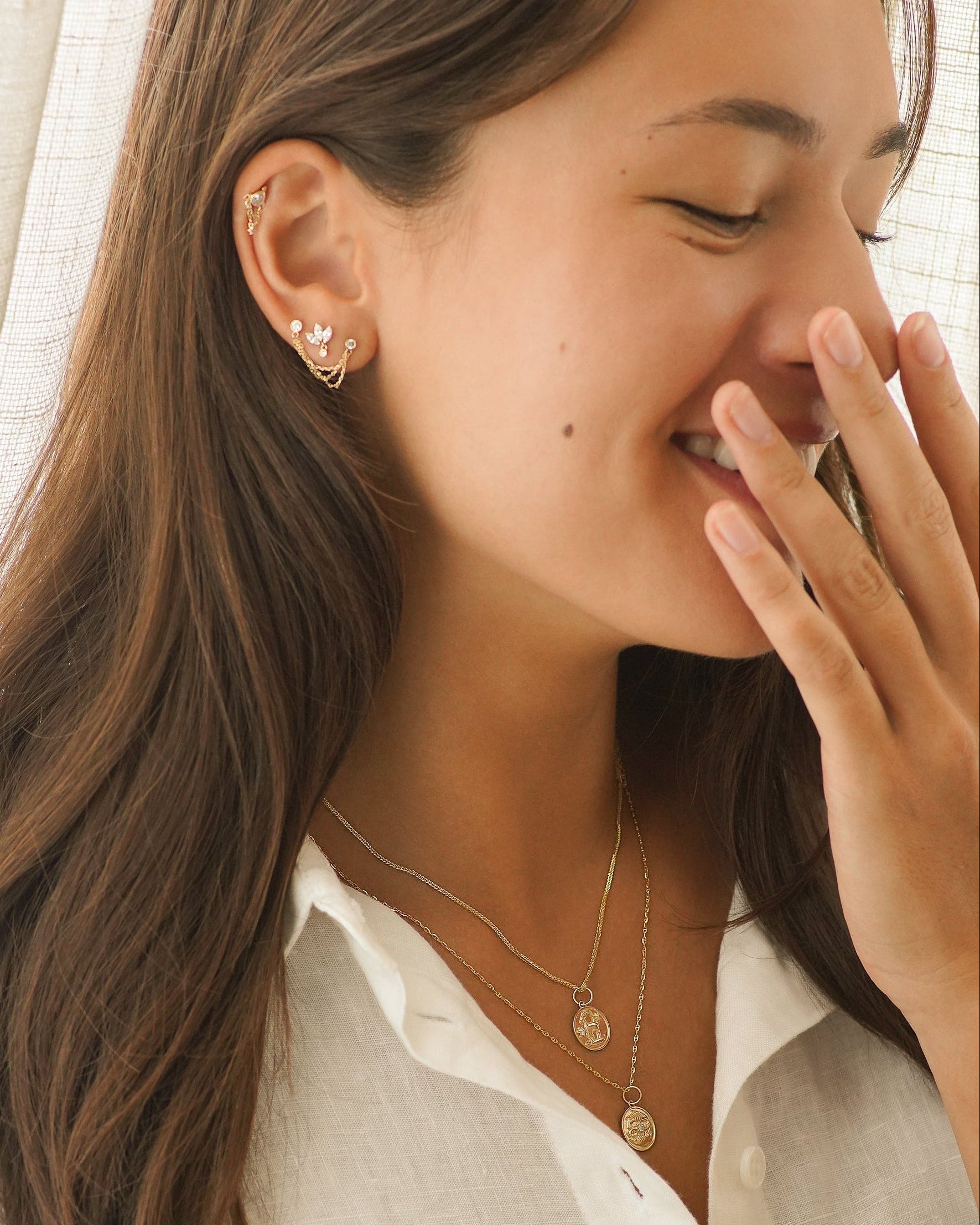 14K Solid Gold Triple Chain Link Earring Double Piercing Connection | Anygolds